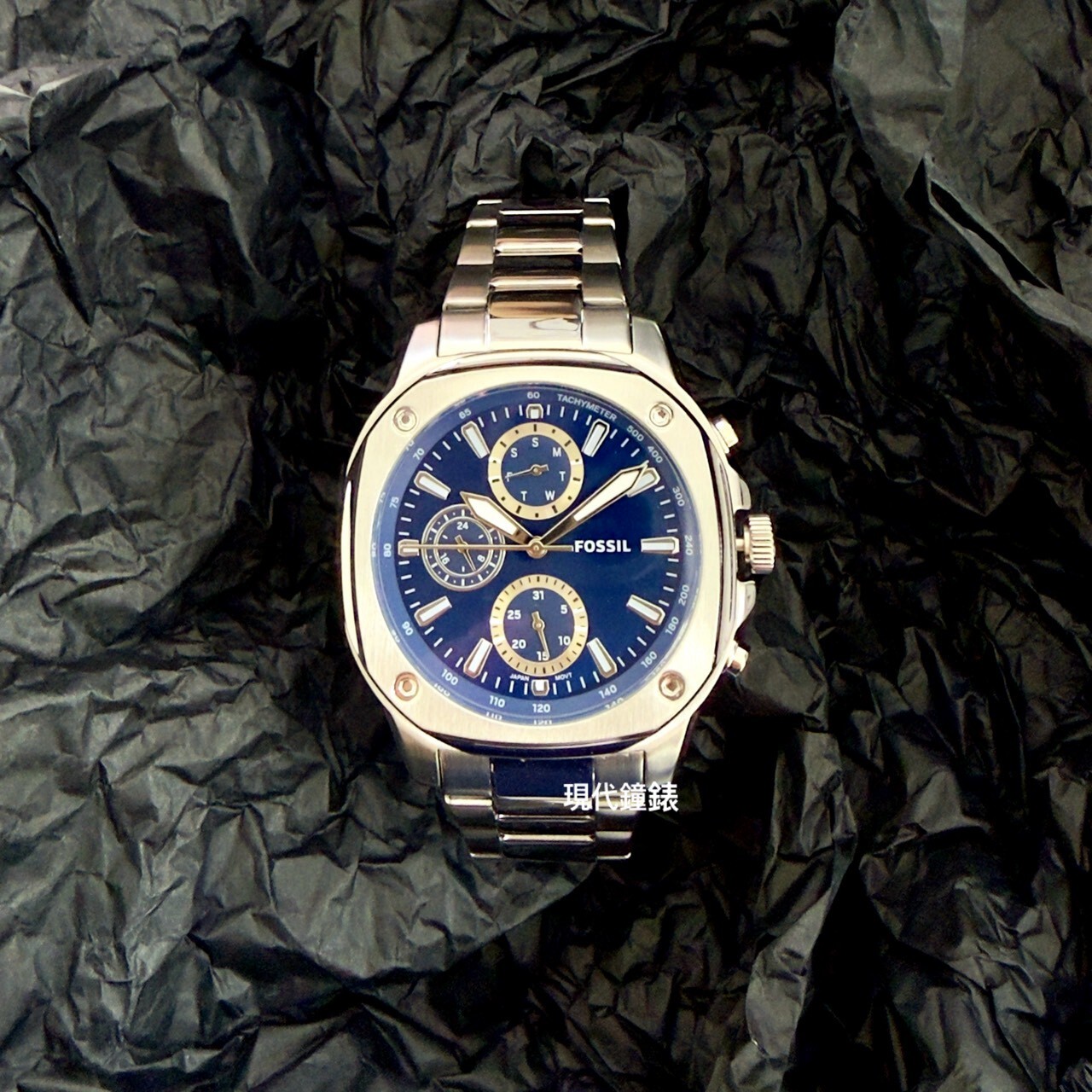 【FOSSIL】Gage都會八角硬派銀燦湛藍三眼鍊錶 BQM7140 47mm 現代鐘錶
