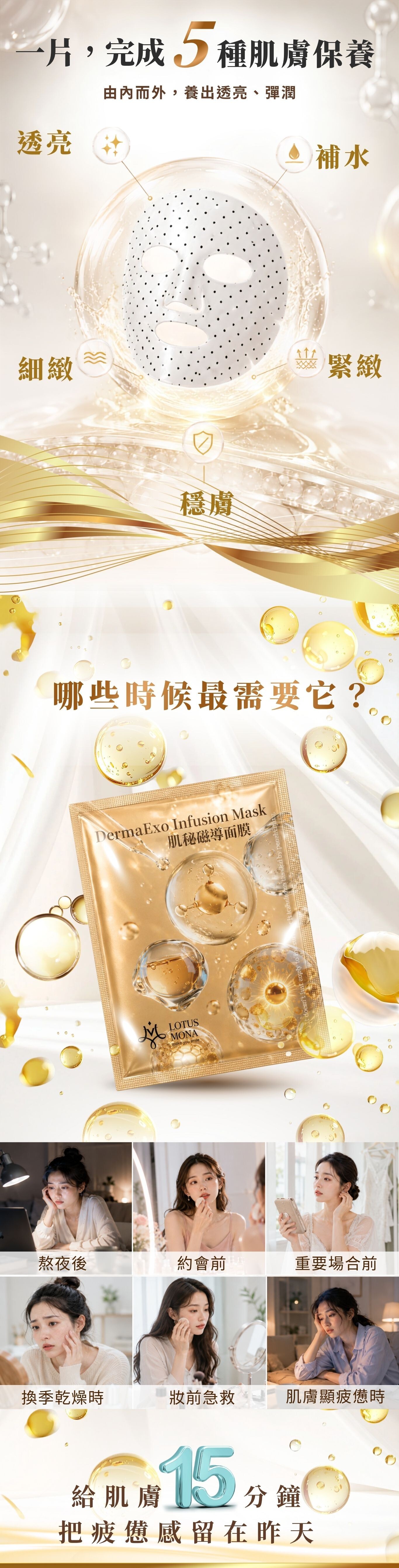 肌秘磁導面膜提供補水、透亮、細緻、緊緻與穩膚5重保養，適合熬夜、換季乾燥、妝前急救及肌膚疲憊時使用，15分鐘快速保養肌膚。