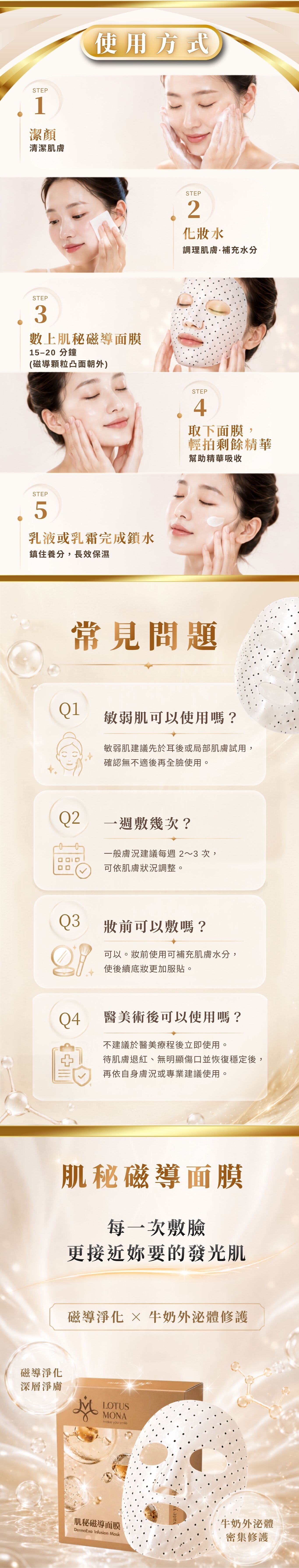 肌秘磁導面膜使用方式與常見問題，敷臉15至20分鐘後取下面膜並按摩吸收，結合磁導淨化與牛奶外泌體修護，完成日常肌膚保養。