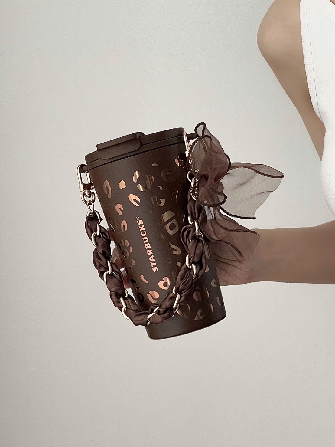 STARBUCKS 星巴克 豹紋咖調系列 保冷/保溫 隨行杯 附絲綢蝴蝶結  470ML