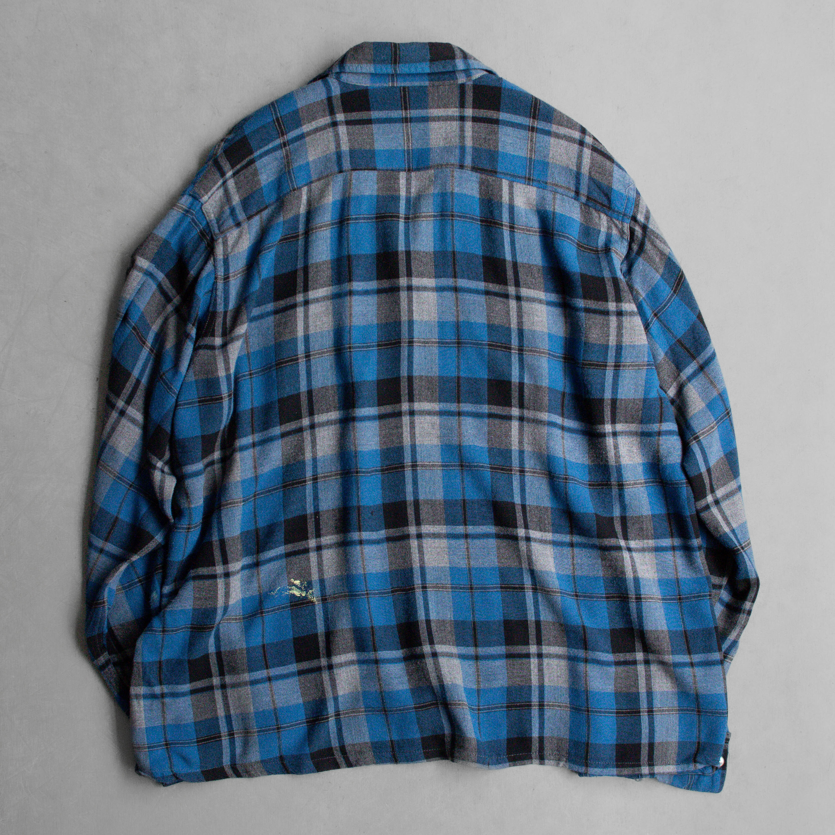 60S RAYON PLIAD OPEN SHIRT 美國製 藍色 格紋 開領 嫘縈 長袖 襯衫