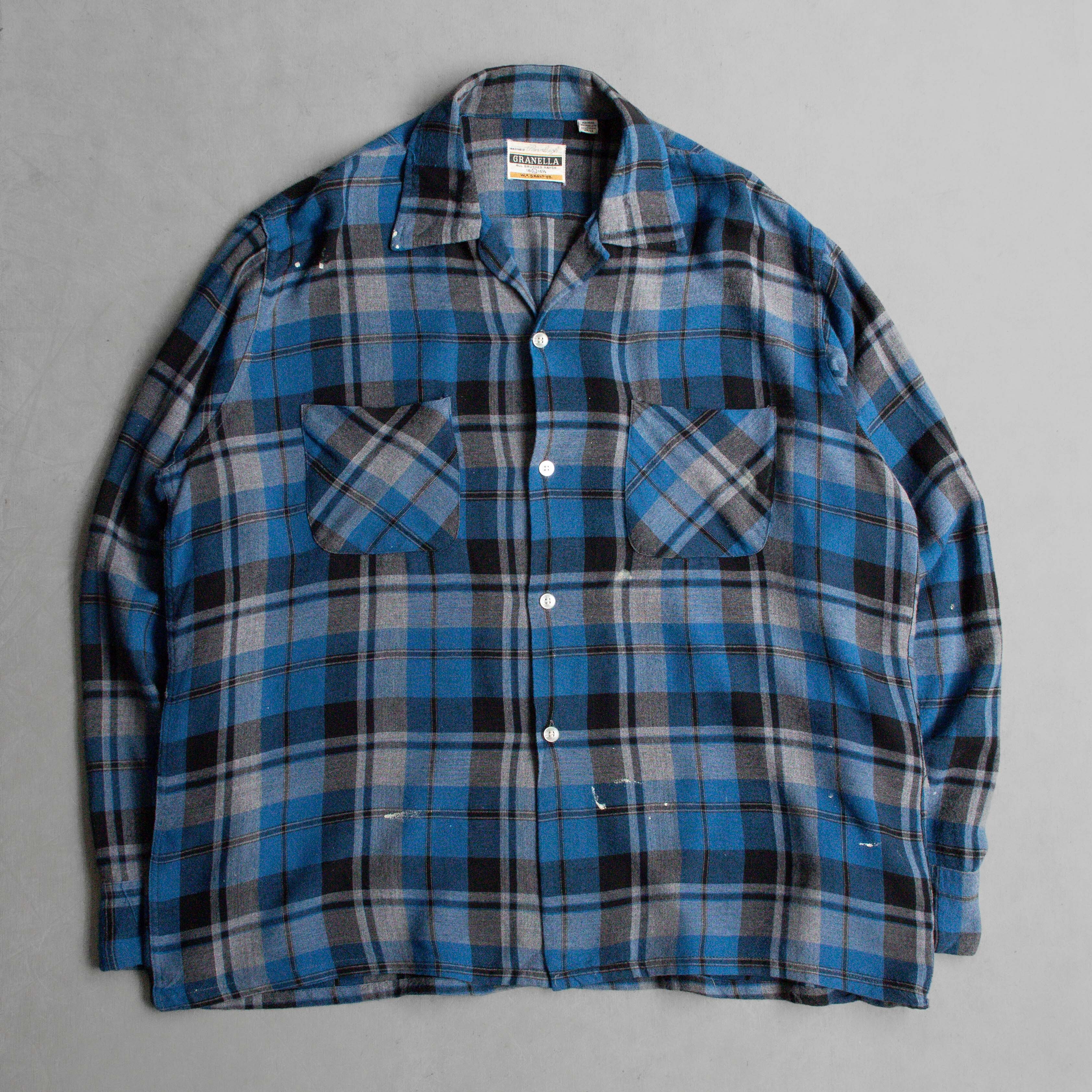 60S RAYON PLIAD OPEN SHIRT 美國製 藍色 格紋 開領 嫘縈 長袖 襯衫