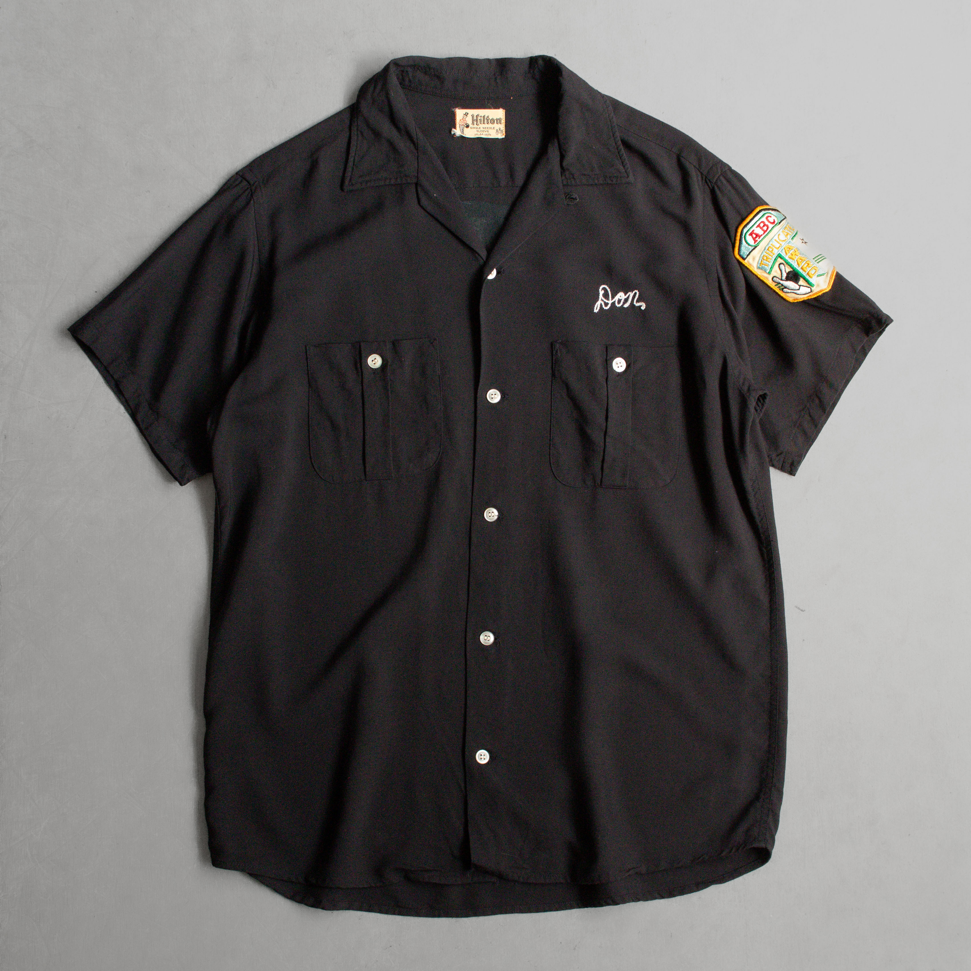 50S HILTON RAYON BOWLING SHIRT 美國製 黑色 植絨 短袖 保齡球 襯衫