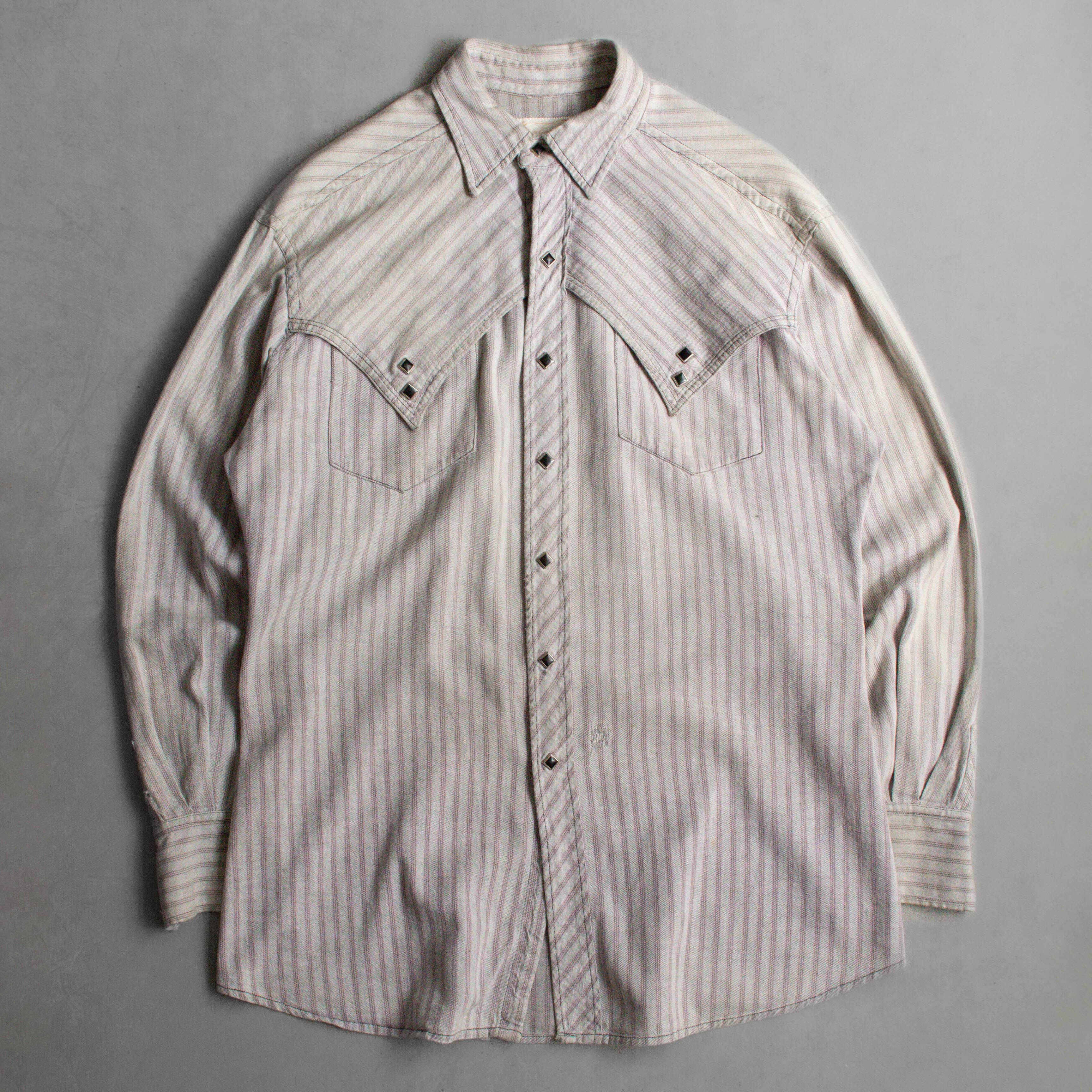 50-60S RAYON WESTERN SHIRT 美國製 嫘縈 灰色 條紋 長袖 西部 襯衫