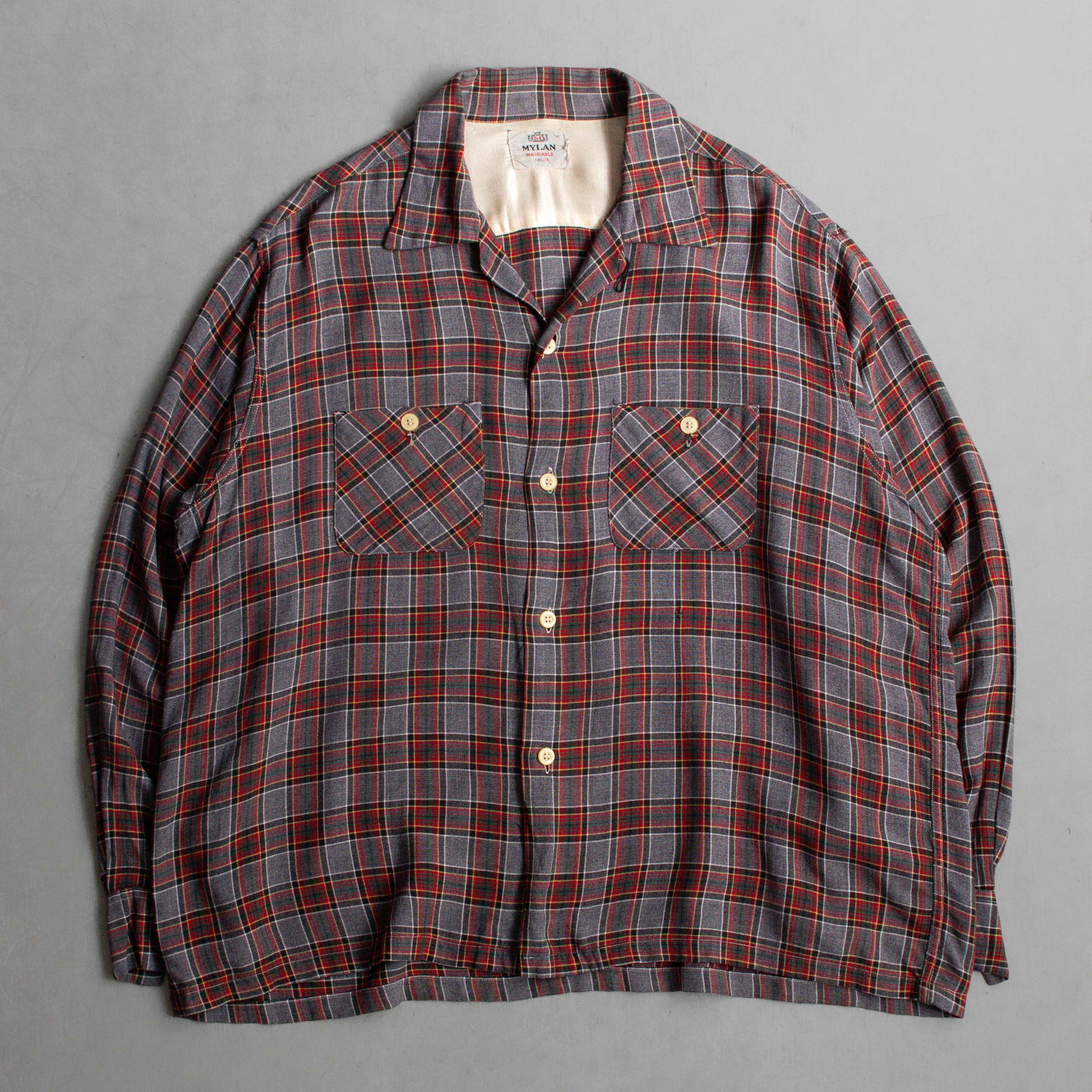 50S RAYON PLIAD OPEN SHIRT 美國製 灰色 格紋 開領 嫘縈 長袖 襯衫