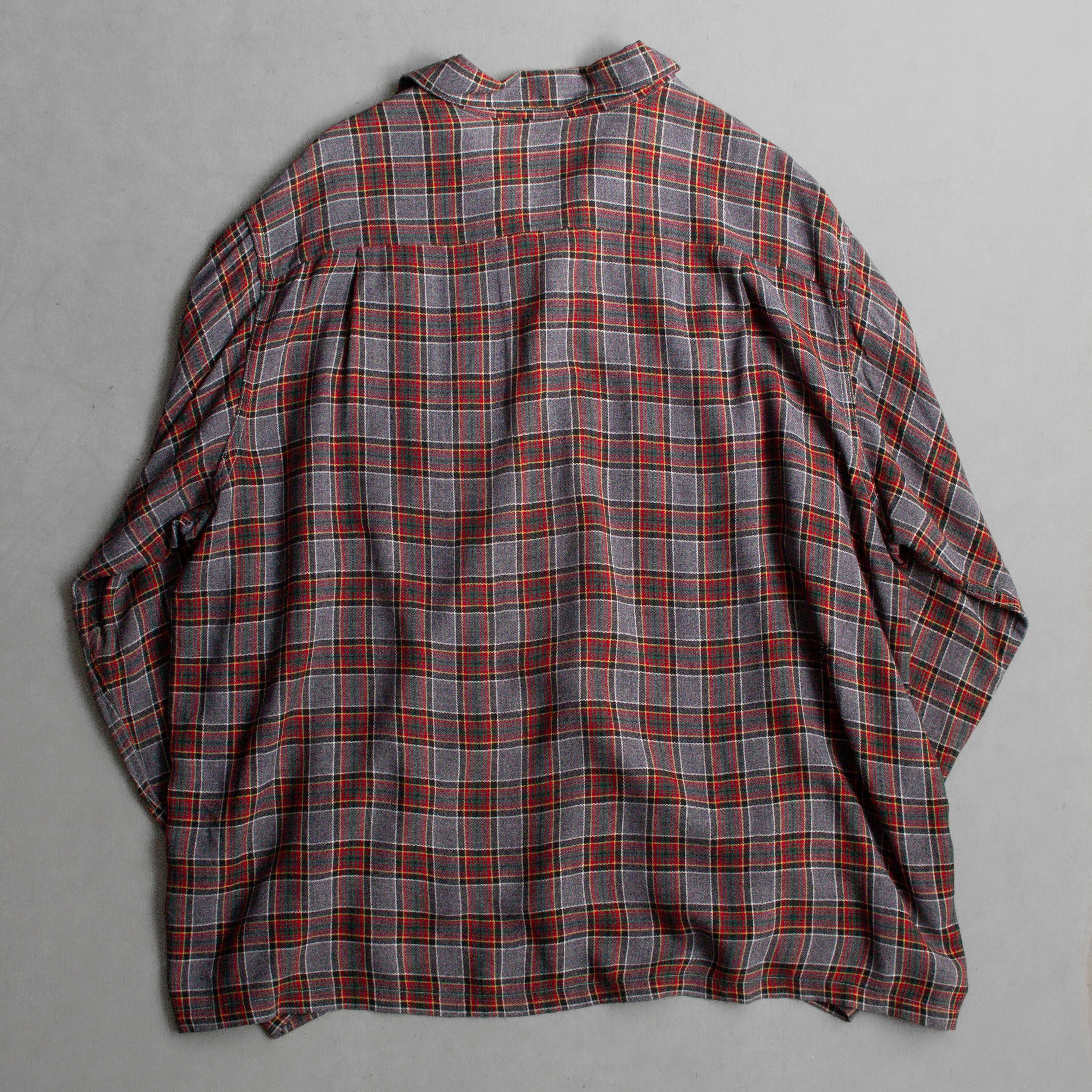 50S RAYON PLIAD OPEN SHIRT 美國製 灰色 格紋 開領 嫘縈 長袖 襯衫