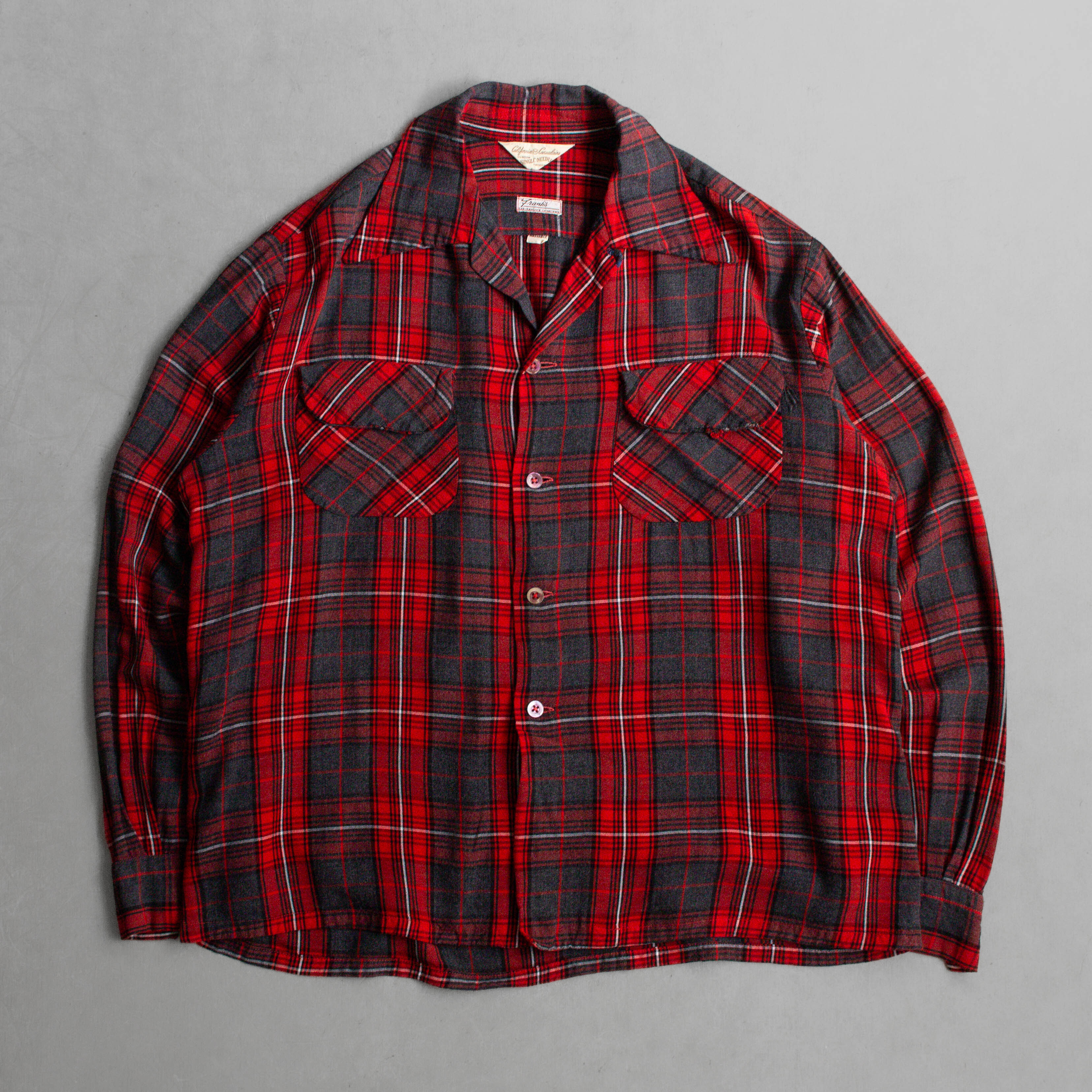 50S RAYON PLIAD OPEN SHIRT 美國製 紅色 格紋 開領 嫘縈 長袖 襯衫