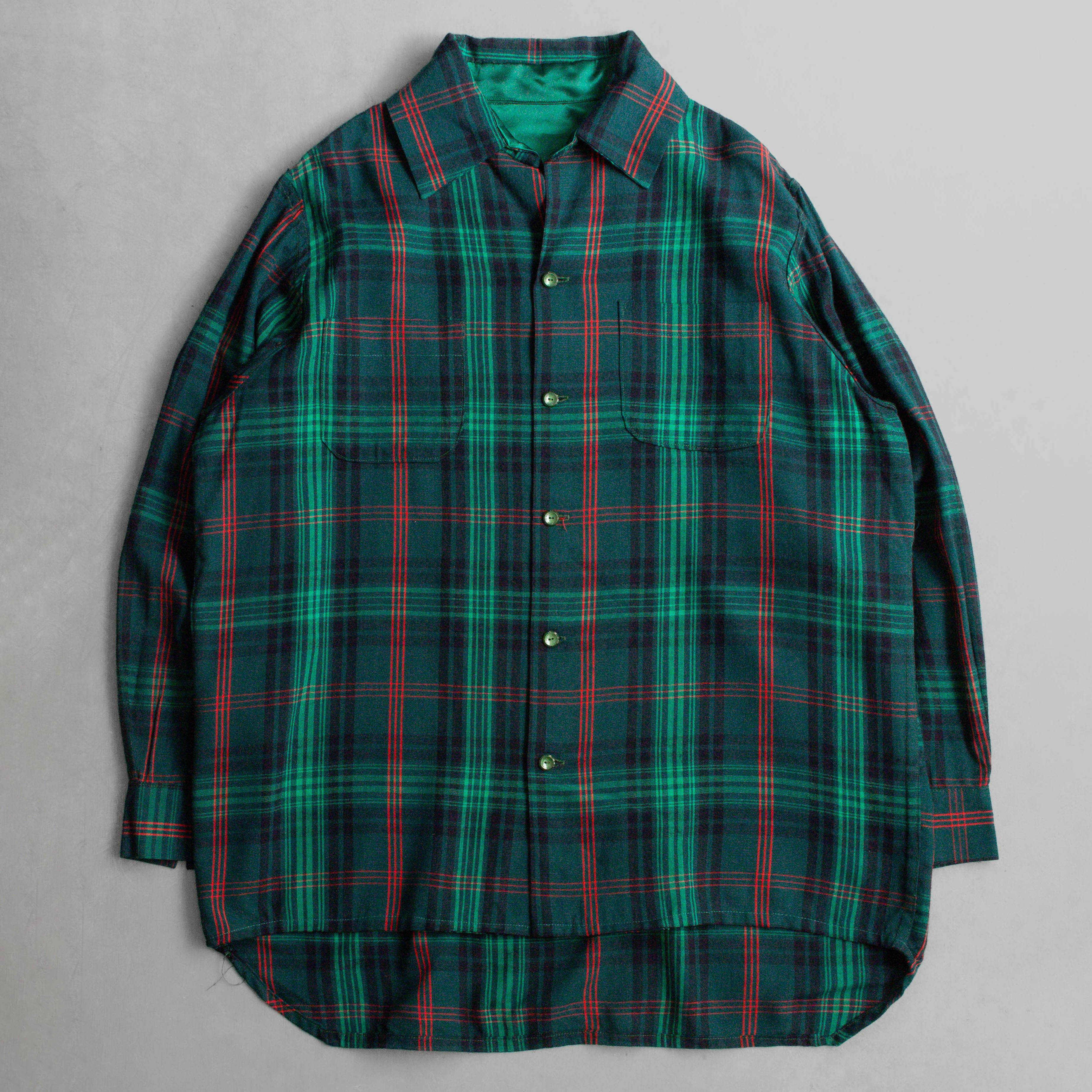 50-60S RAYON PLIAD SHIRT 美國 綠色 格紋 嫘縈 長袖 襯衫