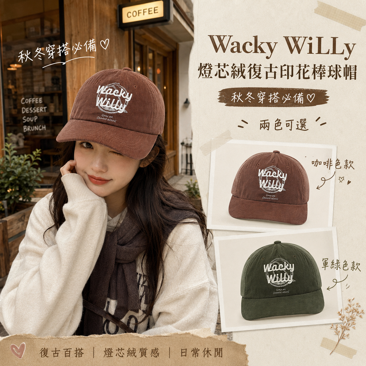 【預購】Wacky WiLLy WKR082108 燈芯絨復古印花棒球帽
