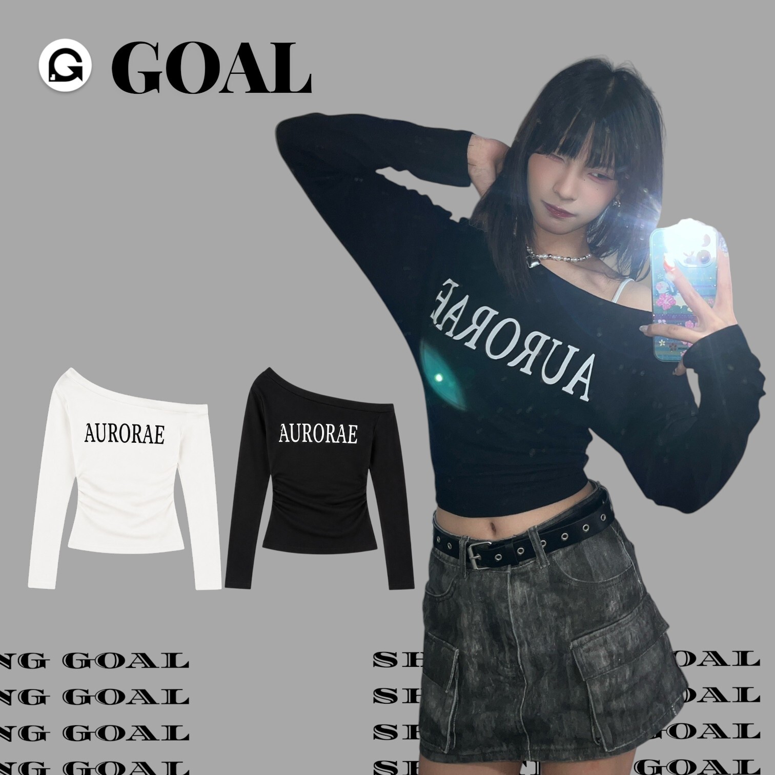 (GOAL)美式印花斜肩寬鬆長袖 8701