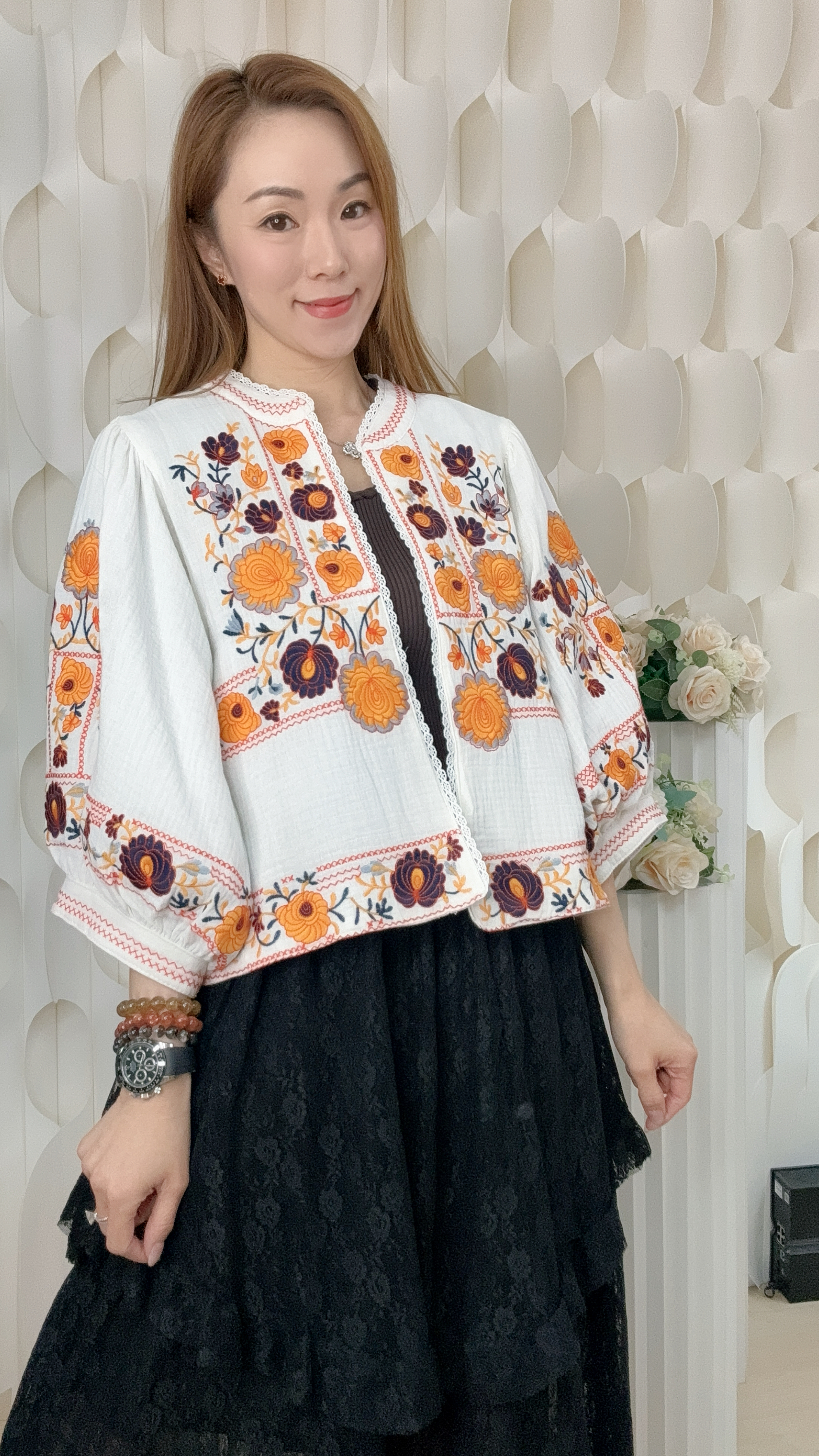 刺繡拼色花花梭織上衣外套（胸48無限/ 腰48無限/ 長19吋）#62019 2108clo