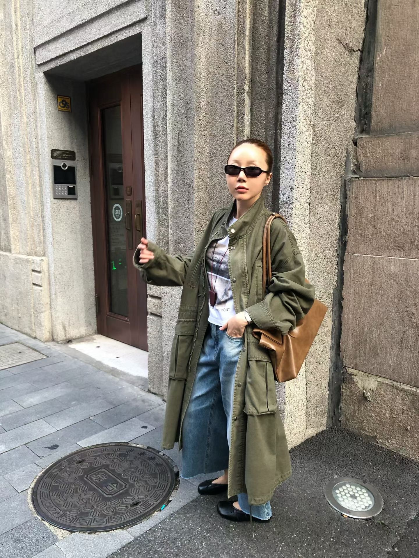時髦長版卡其風衣外套