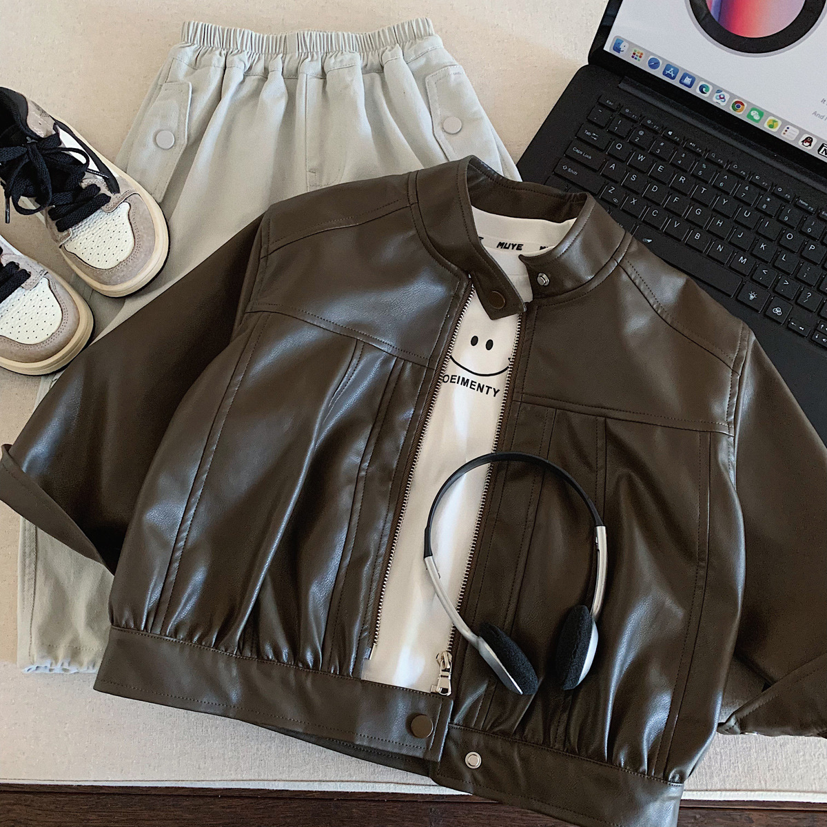 復古咖皮革外套