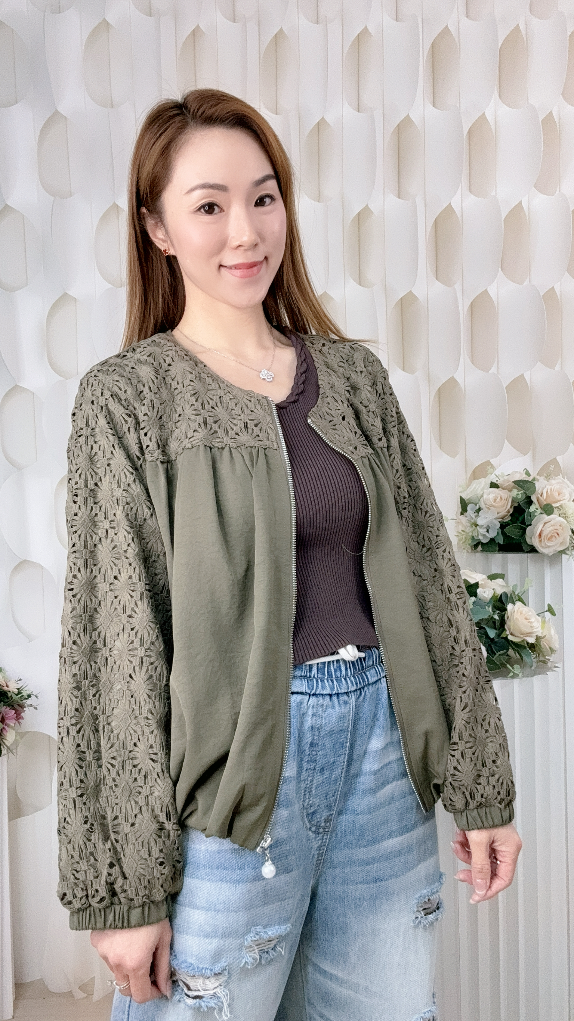 刺繡珍珠拉鏈雪紡上衣外套（胸52 腰56 長23吋）#58645 2108clo