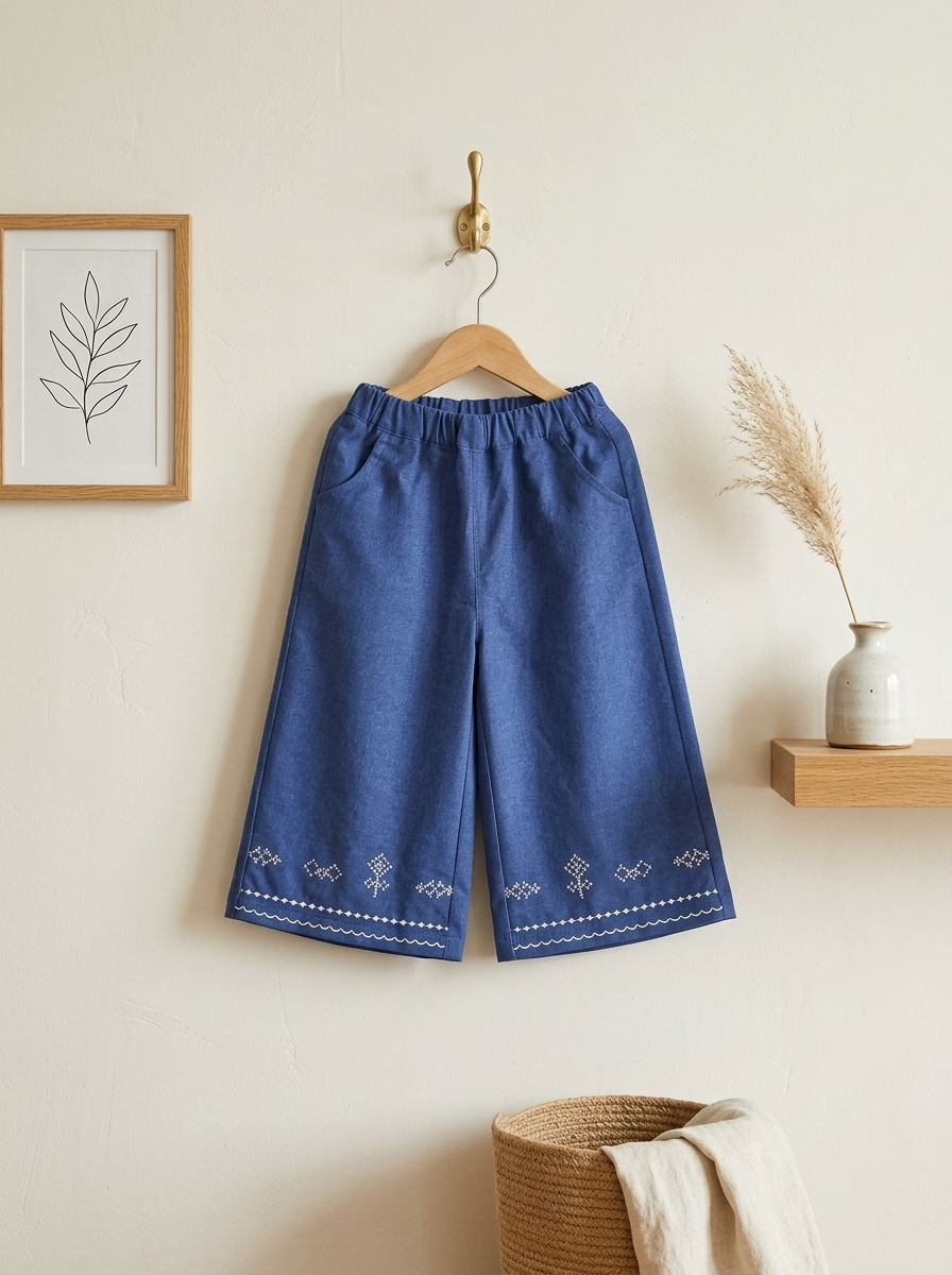 深藍刺繡直筒 春秋長褲