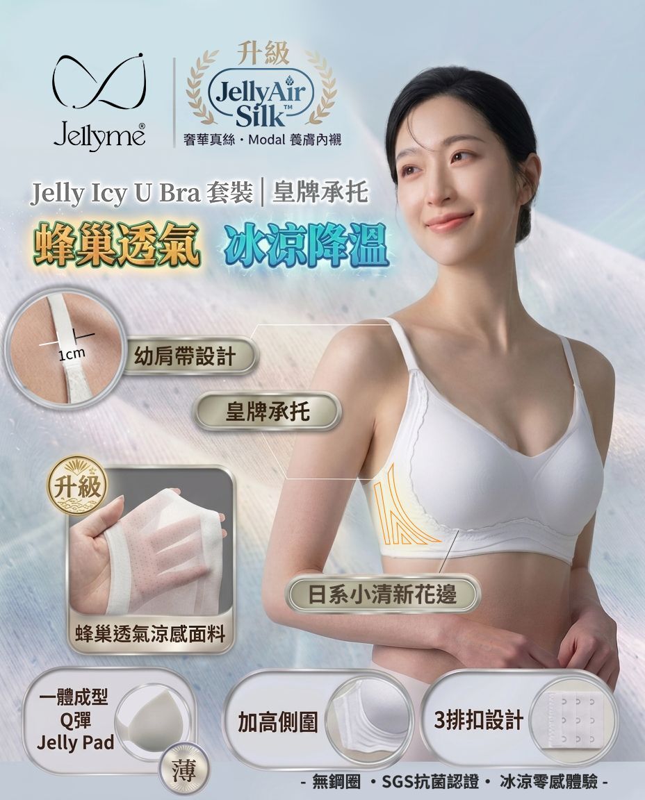 JellyMe 👙「蜂巢透氣 冰涼降溫」 JELLY ICY 蕾絲 U款＋JellyAir Silk™ 內褲套裝