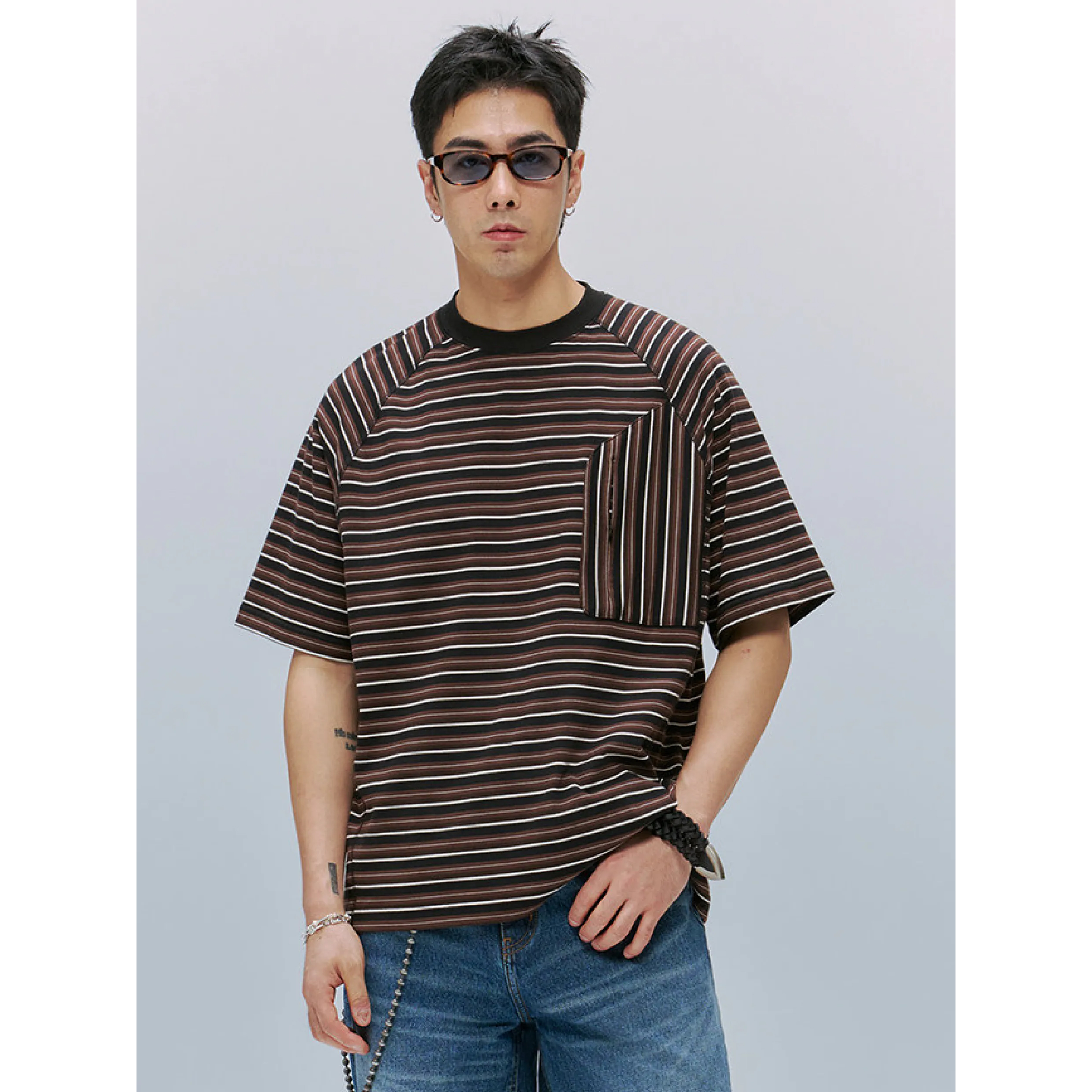 TANOXI Patch Stripe Pocket Tee 拼接條紋 口袋短Tee [TNX-T415]