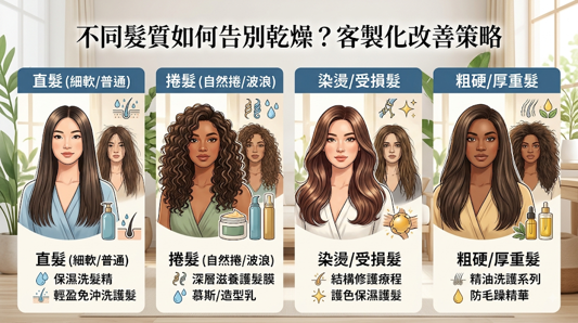 不同髮質如何告別乾燥?不同髮質的毛躁原因與修護需求不同,應先依髮絲粗細、捲度、染燙受損程度及頭皮出油狀況判斷。 細軟髮以輕盈保濕為主,粗硬髮加強滋潤,自然捲著重抗濕,受損髮補充蛋白質,外油內乾則需分區護理。