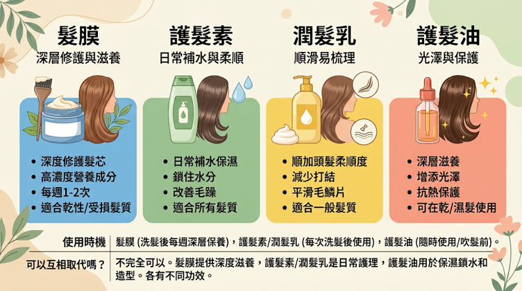 髮膜、護髮素、潤髮乳與護髮油差在哪?可以互相取代嗎?護髮素與潤髮乳多用於日常柔順,髮膜偏向週期性深層調理,護髮油則負責髮絲表層的潤滑、抗毛躁與防護,因此功能雖有重疊,通常不能完全互相取代。 實際使用仍應以產品標示的沖洗方式、配方與用途為準,不能只靠商品名稱判斷。