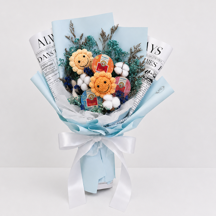3盒喉糖太陽針織花乾燥棉花花束,藍色包裝,3 boxes of throat lozenges sun knitted flower dry cotton bouquet, blue packaging