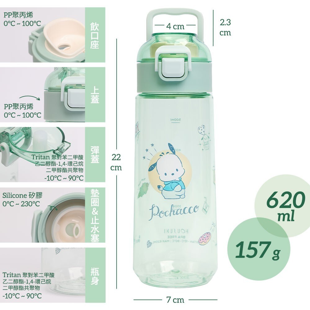 【樂森藥局】HOUSUXI Tritan 彈蓋水瓶 620ml