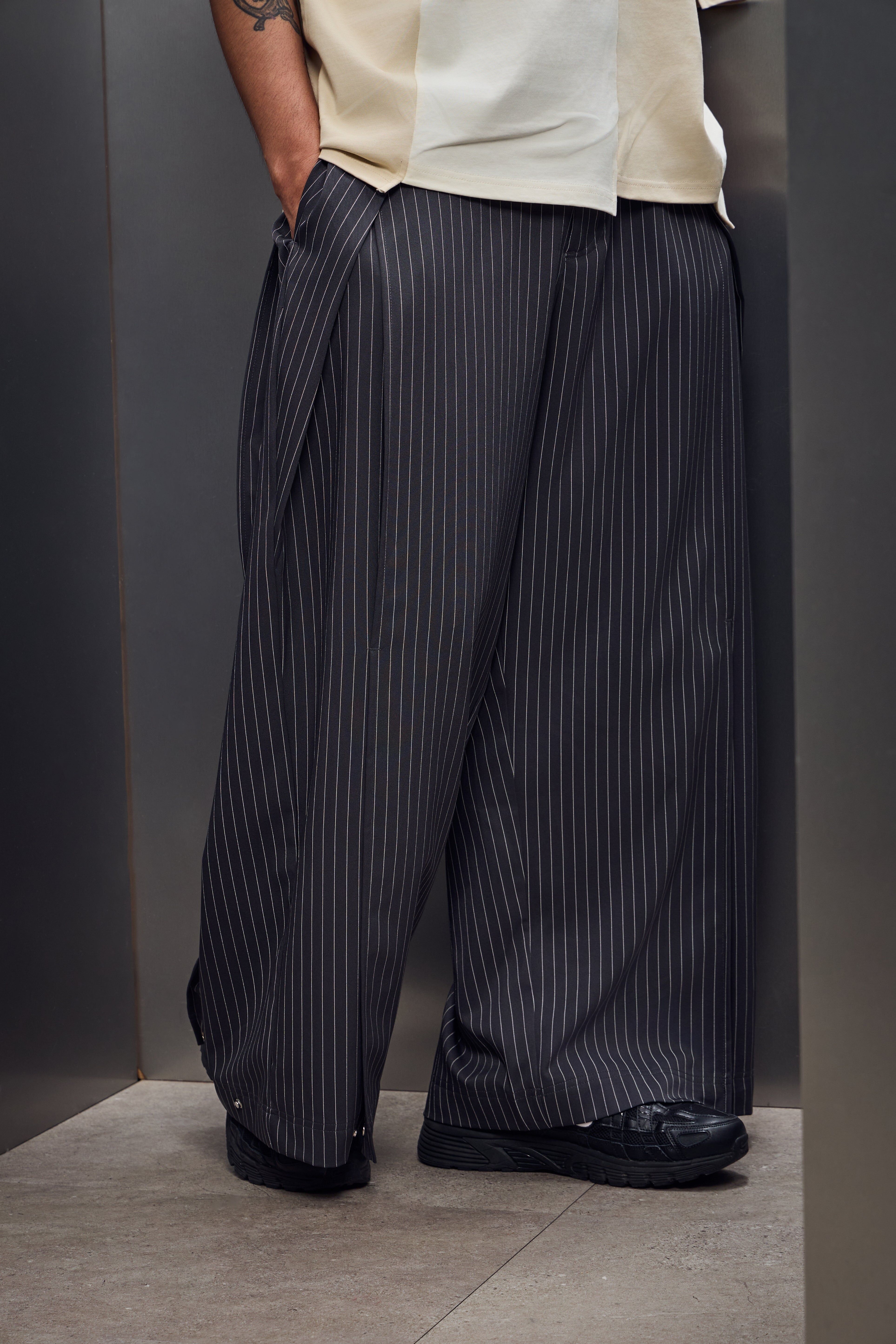 灰條雙層剪裁西裝長褲｜Crop Suit Pants SE