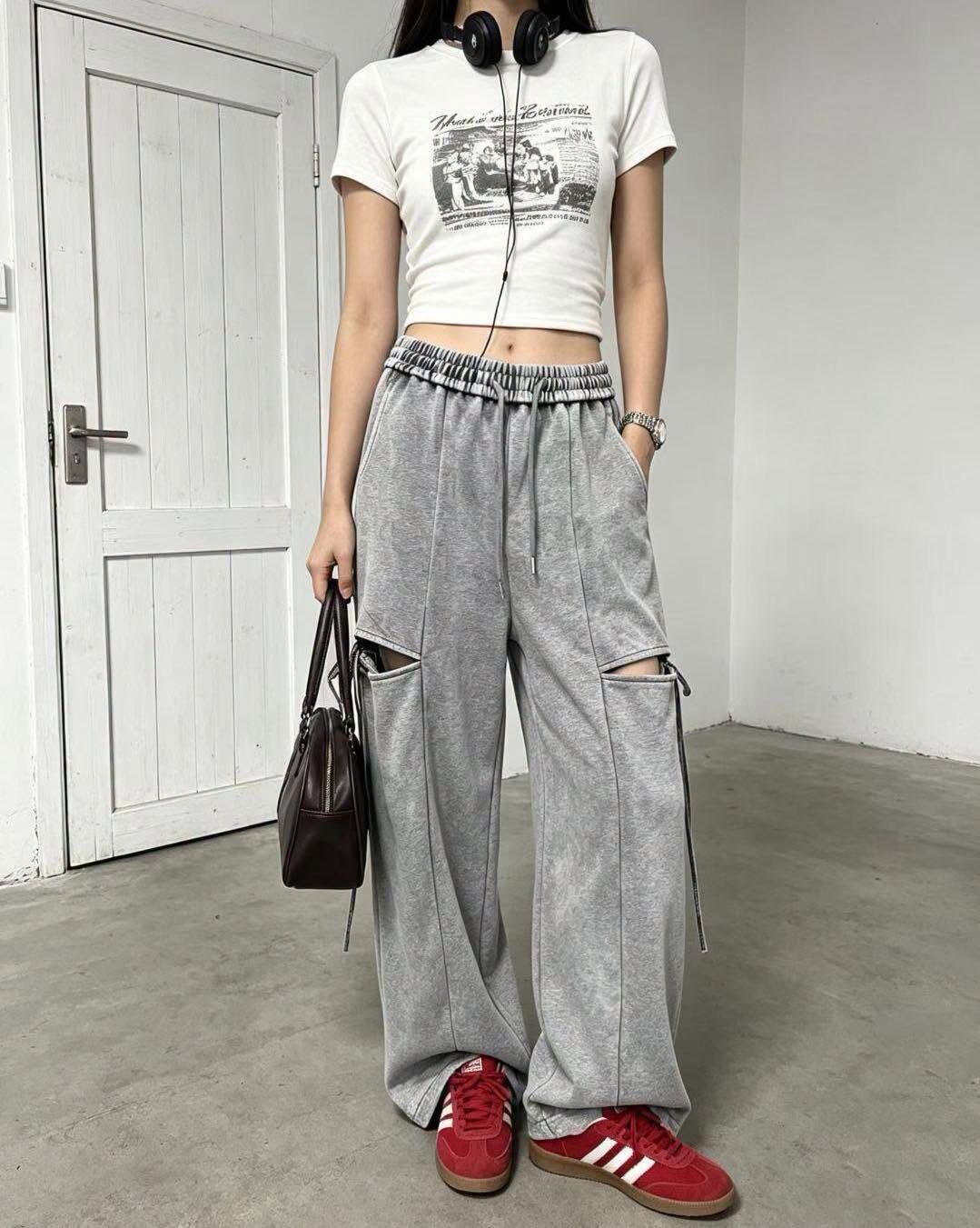 【時髦復古刀割綁帶水洗棉褲】（現貨）