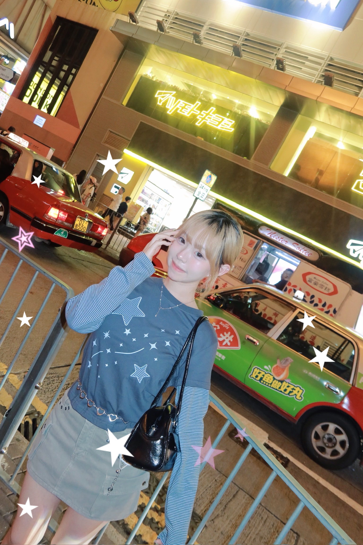 T1236｜韓系Y2K女團風！星星橫間假兩件長袖T