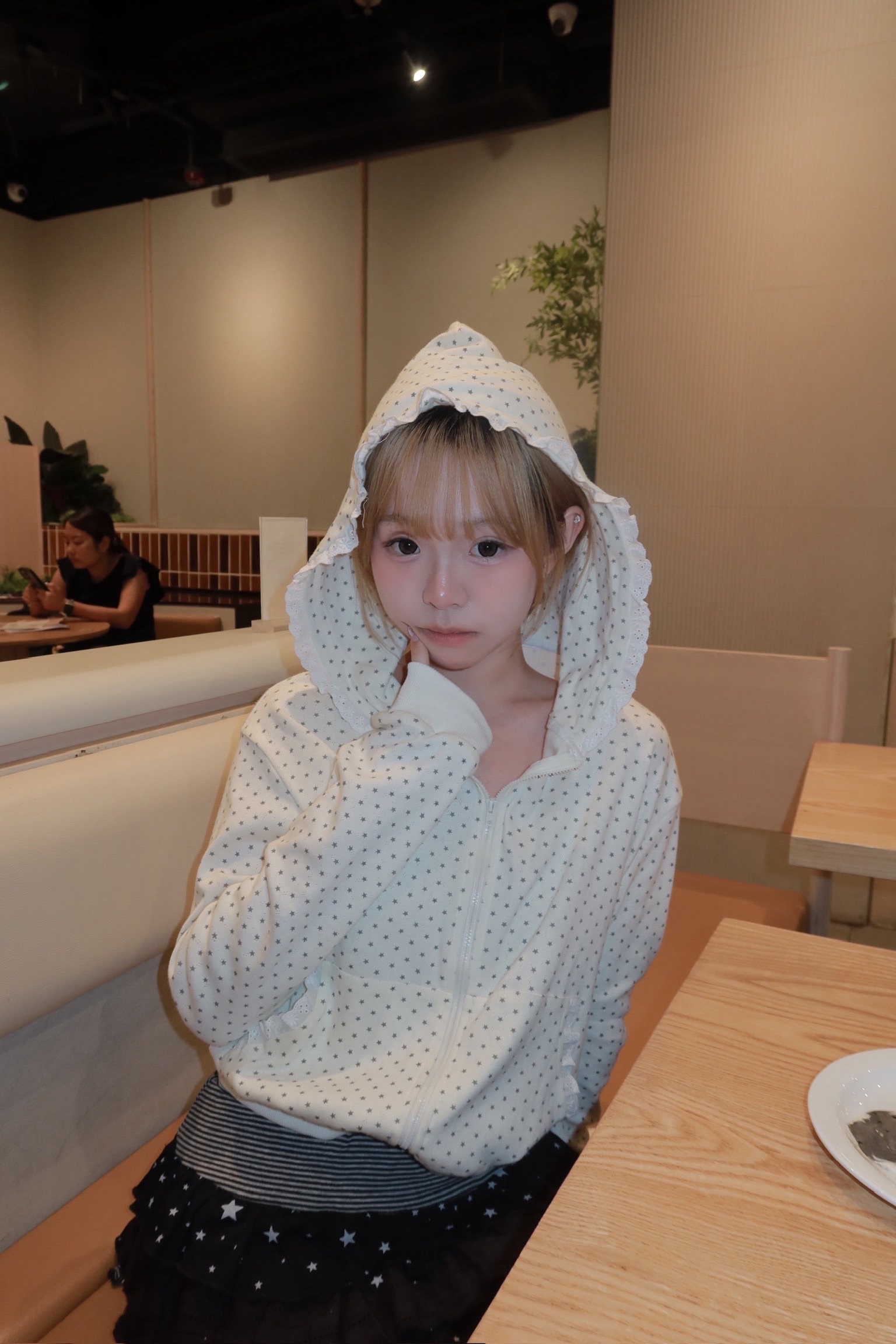 JK0459｜軟綿感 . ‧₊˚ 🍨 ⋅ BM風滿天星星紋暗通花花邊短版連帽外套
