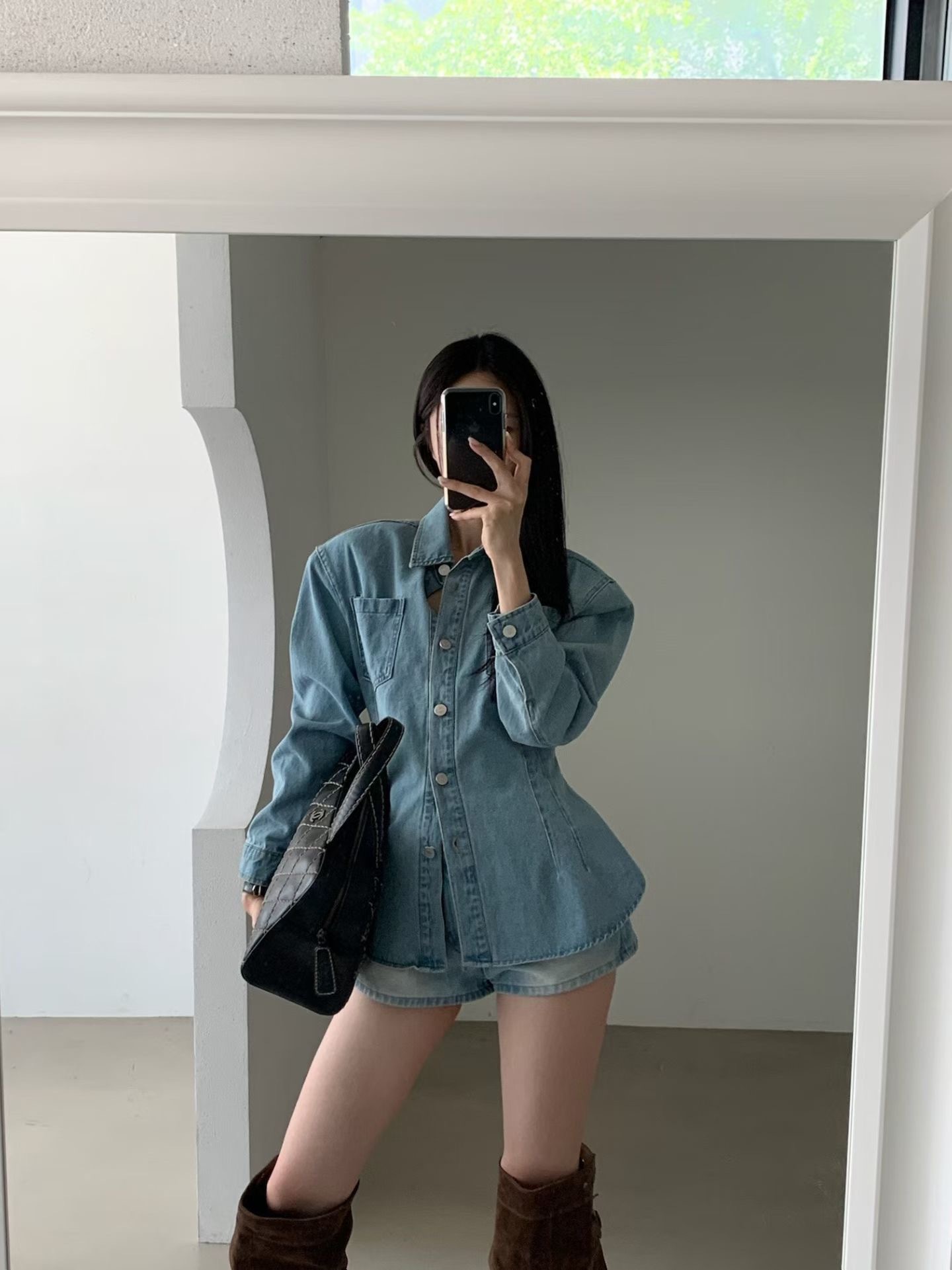 收腰落肩牛仔襯衫
