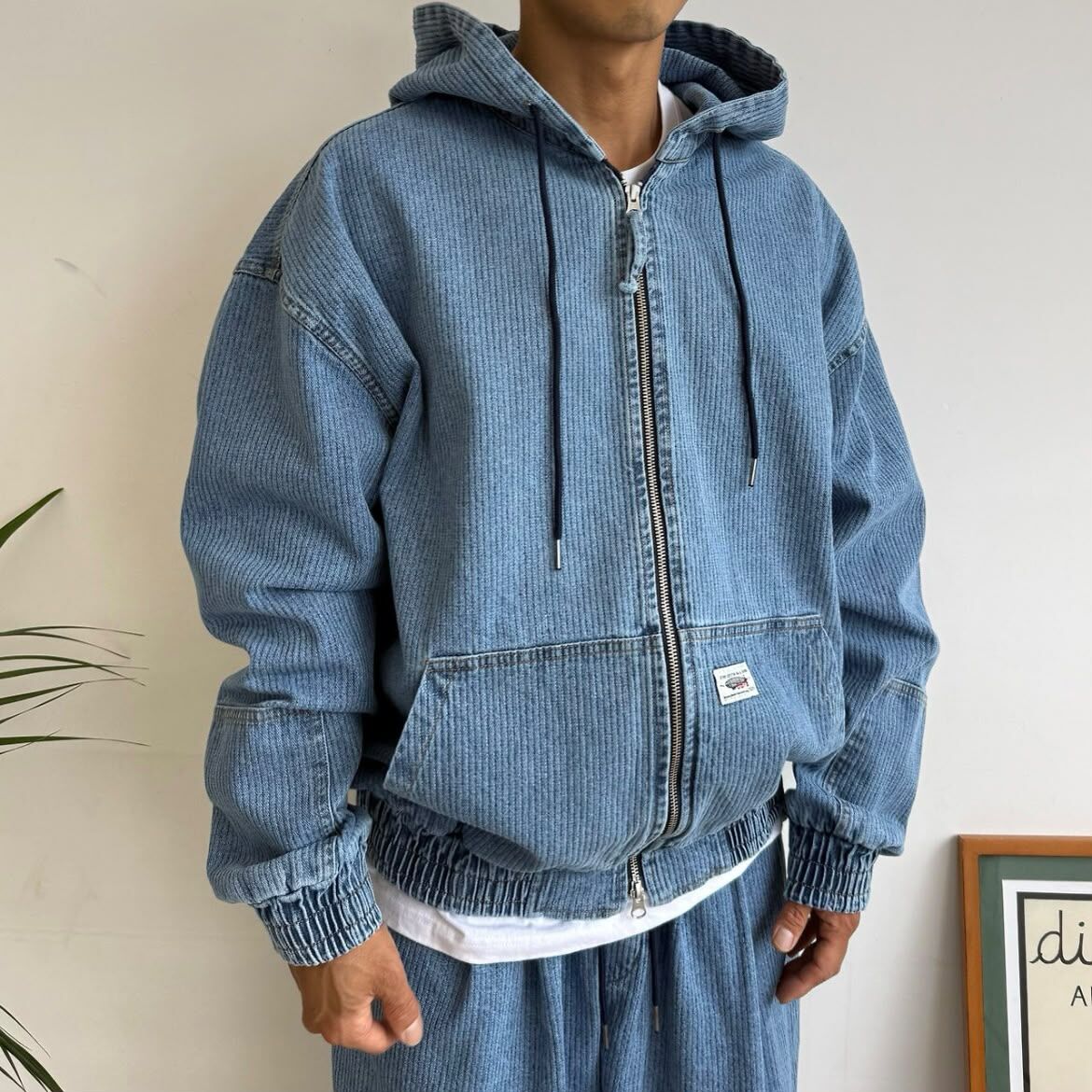 直紋連帽拉鍊牛仔褸 RARE-024JK