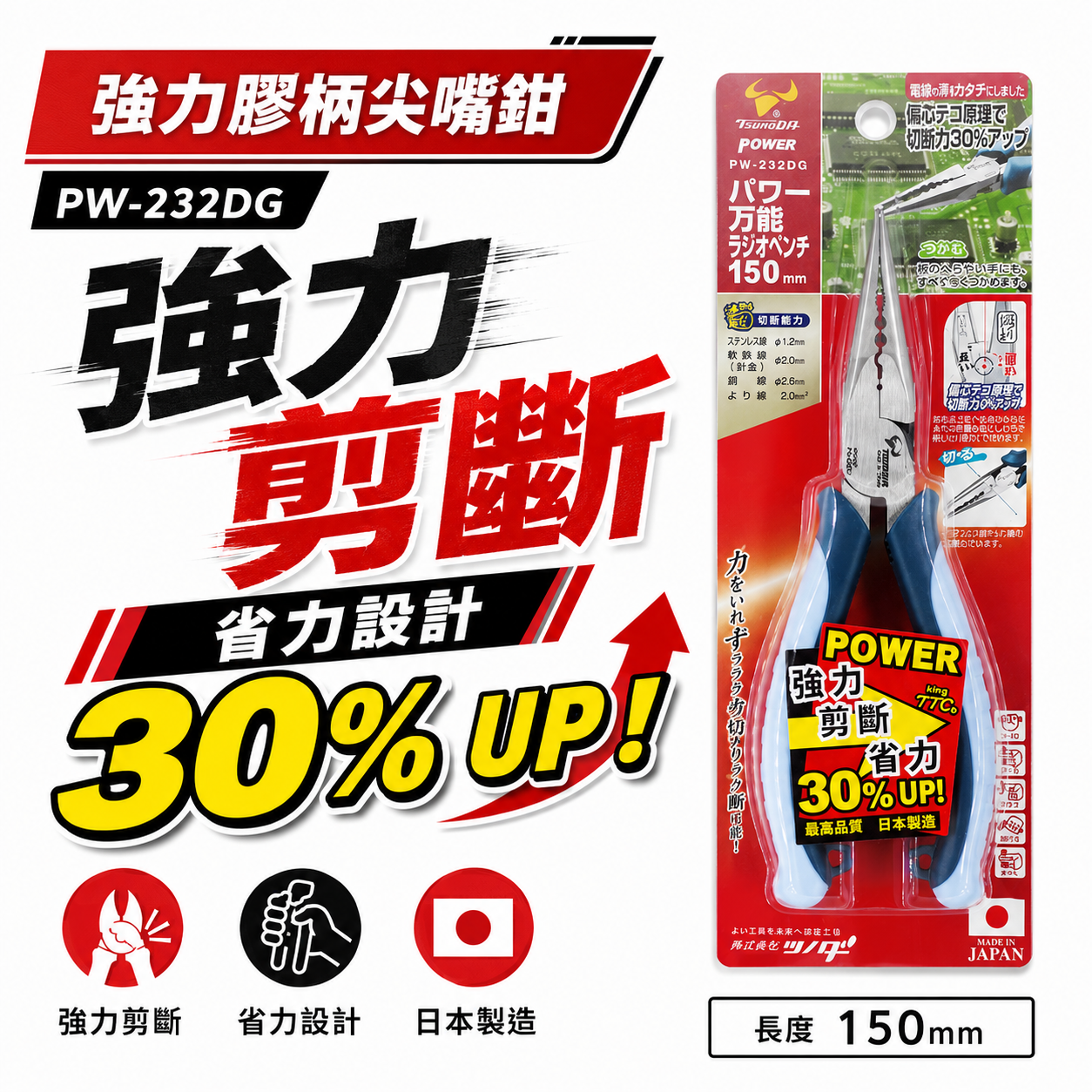 日本製 KING TTC 角田 TSUNODA｜省力型萬能尖口鉗 6" 膠柄尖嘴鉗 剪斷鉗｜PW-232DG