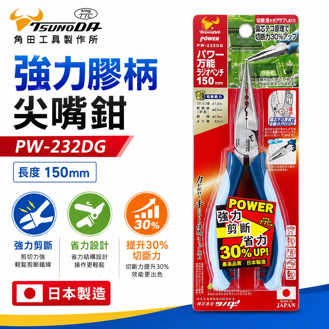 日本製 KING TTC 角田 TSUNODA｜省力型萬能尖口鉗 6" 膠柄尖嘴鉗 剪斷鉗｜PW-232DG