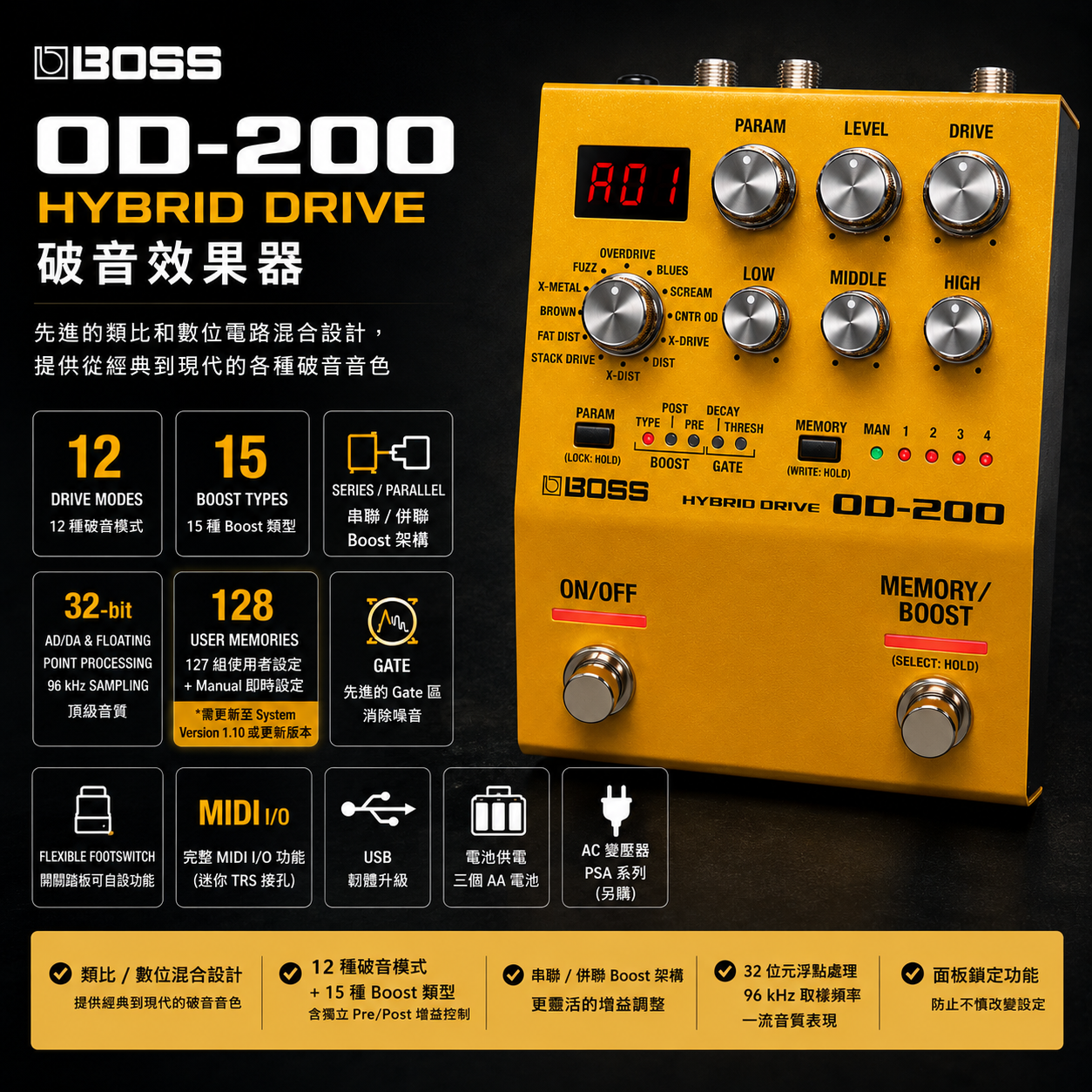 BOSS OD-200 Hybrid Drive 破音效果器 單顆效果器