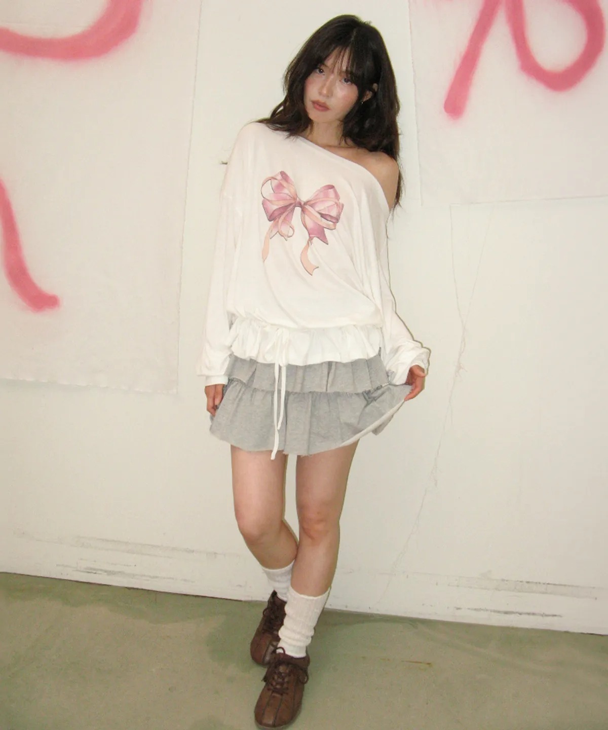RONRON DOUBLE RIBBON OFF SHOULDER LONG SLEEVE WHITE