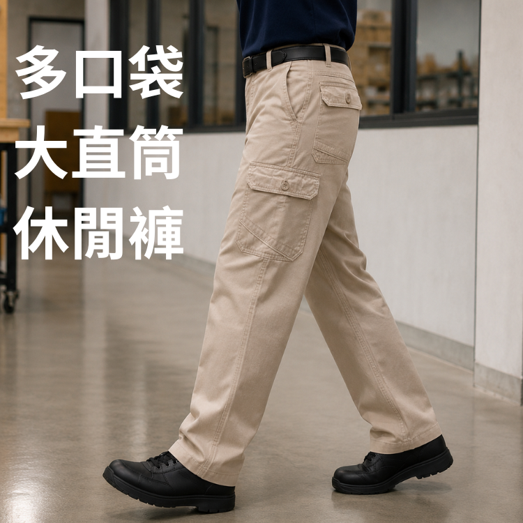 甄褲｜多口袋工作褲｜中高腰・大直筒側袋休閒褲・100%純棉（28~43 吋）免費改長
