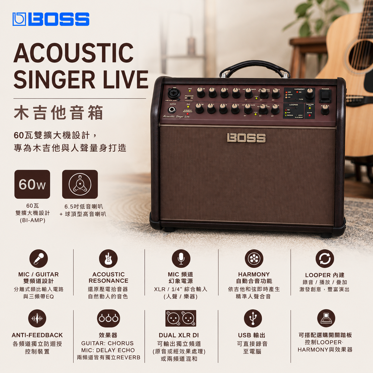 BOSS ACS-LIVE 60瓦 Acoustic Singer Live 木吉他音箱