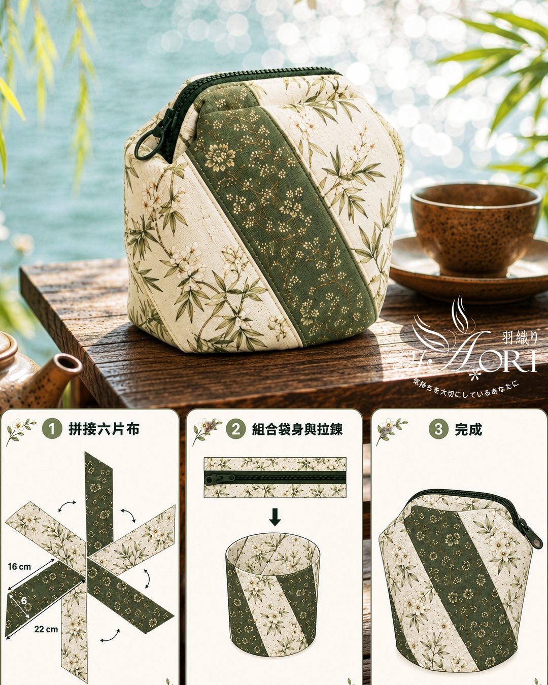 深綠與米色花布拼接的立體支架口金小包