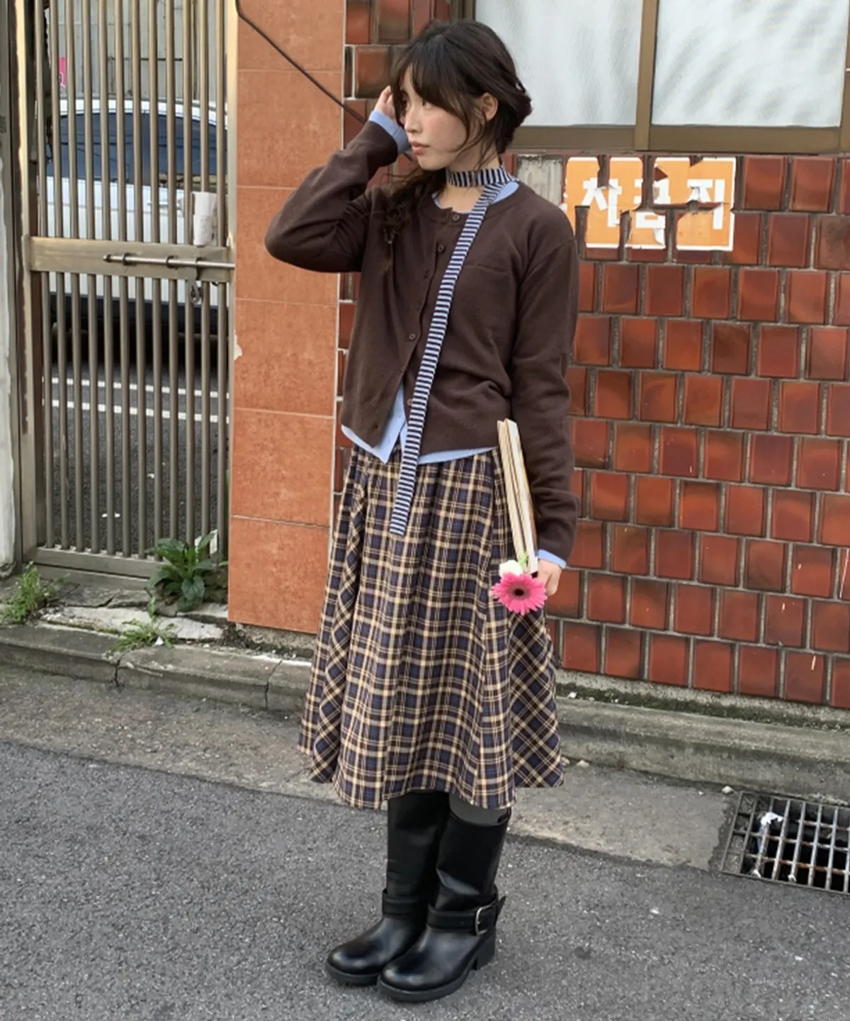 RONRON CHECK FLARE BANDING MIDI SKIRT