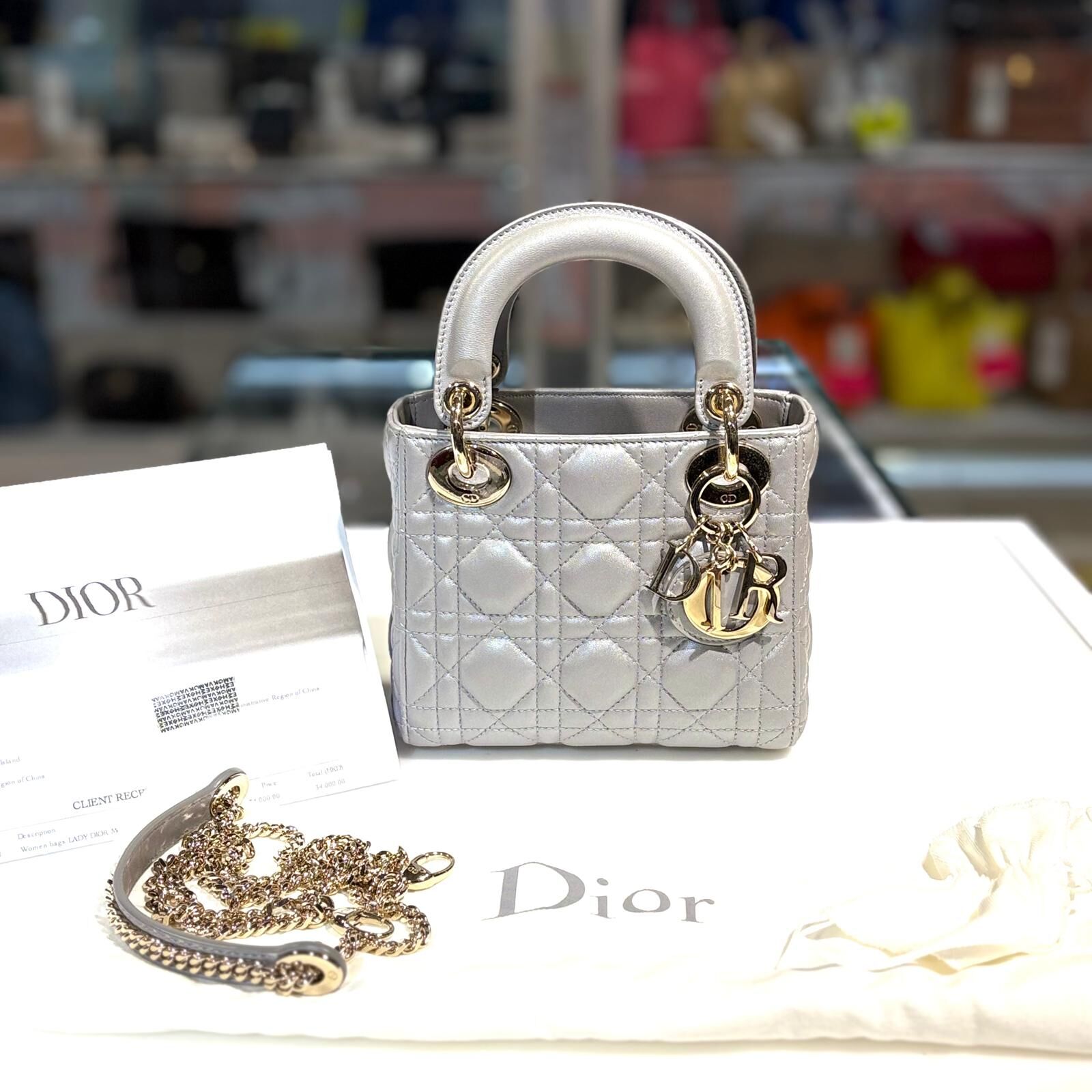 99%NEW二手LADY DIOR Mini Lady Dior Bag  三格銀灰小牛皮淡金扣小號 #迪奧 #香榭站正品