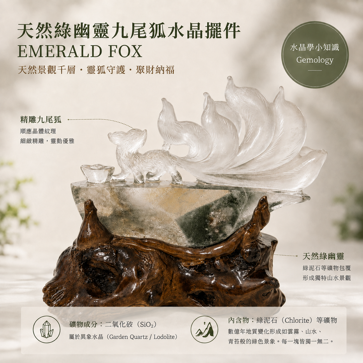 天然綠幽靈九尾狐水晶擺件｜EMERALD FOX 天然綠幽靈水晶雕刻九尾狐，搭配實木底座，呈現透明白水晶光感、天然綠幽靈景觀紋理與細緻九尾狐雕刻，適合居家、辦公室與店面擺放。