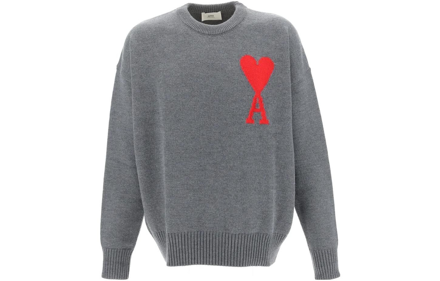 【代購】Ami Paris Ami De Coeur Merino Wool Oversized Crewneck Sweater UKS002018GREYRED