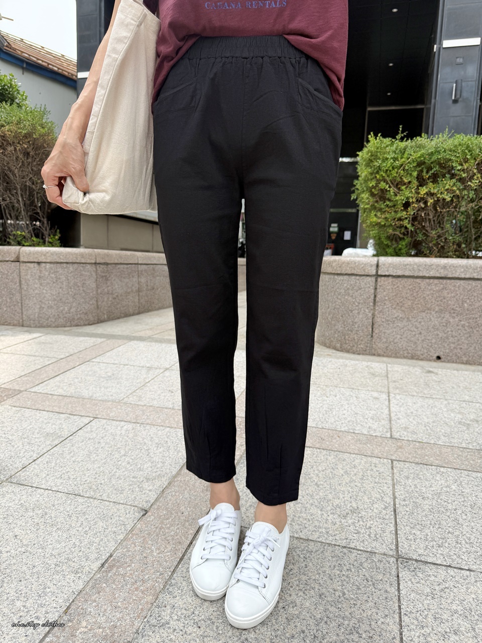 正韓Going褲腳車線鬆緊棉麻褲 (黑)