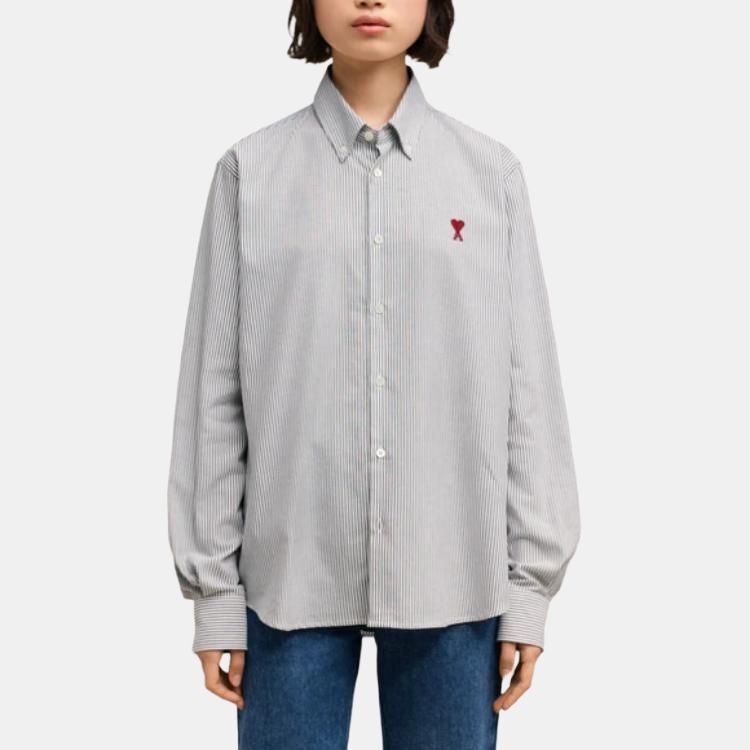 【代購】Ami Paris Ami De Coeur Logo Embroidered Pinstriped Shirt BFUSH063CO0087-039