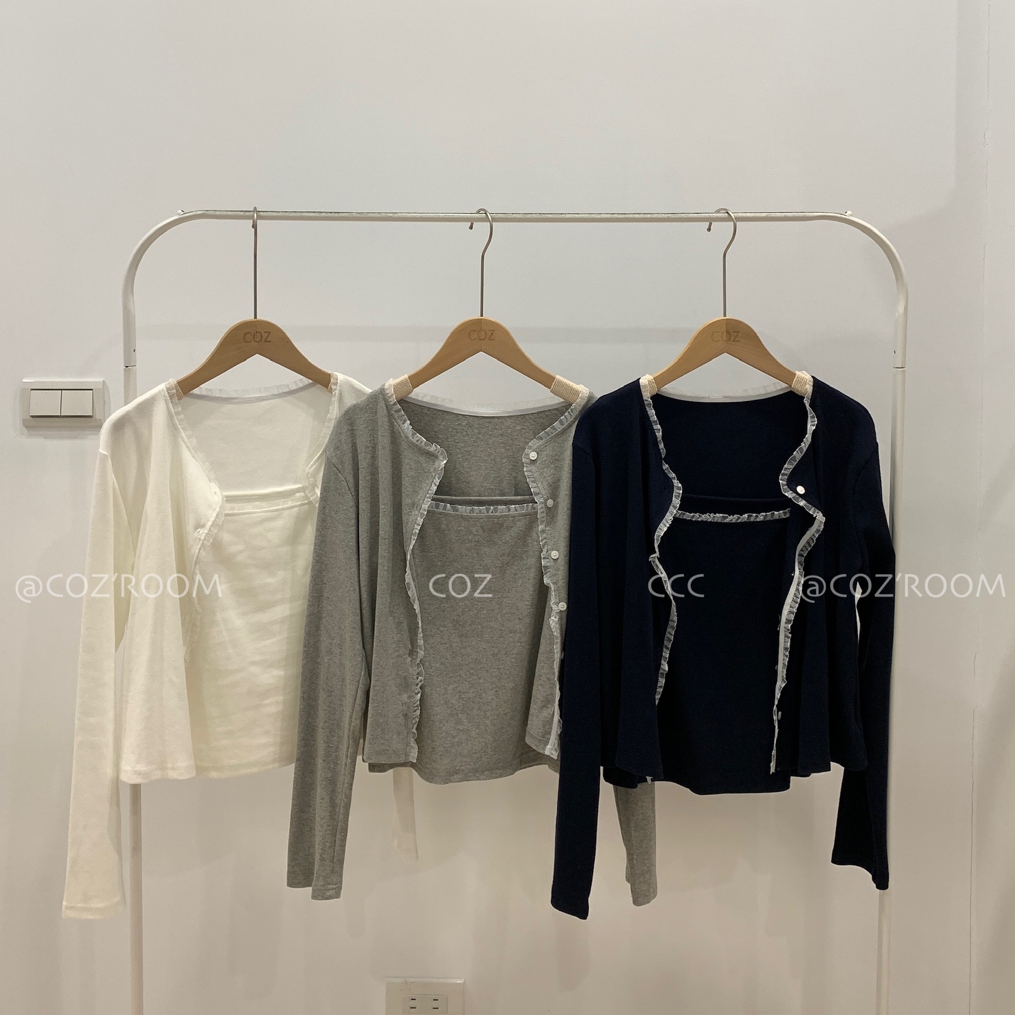 A8- 蕾絲捲邊細肩背心+外套 SET (3色) _3315