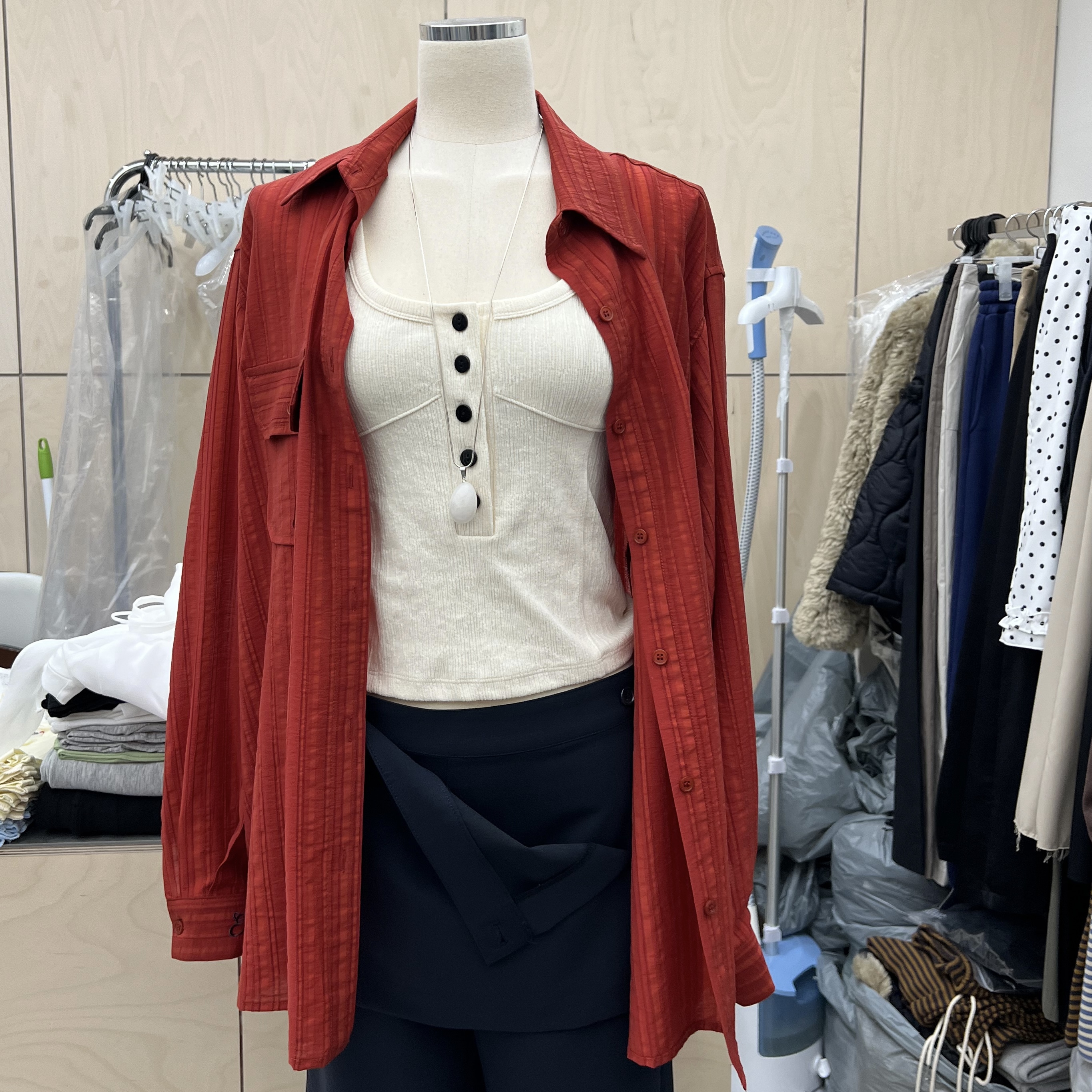 微光澤直紋手袖刺繡美襯(磚紅/粉)