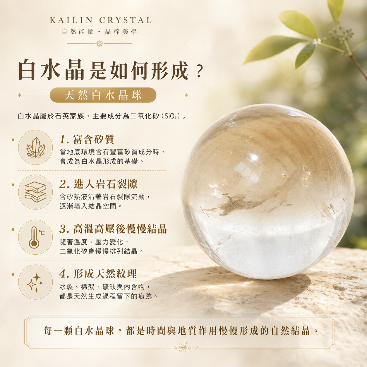 白水晶球擺件｜天然白水晶形成過程、二氧化矽結晶、冰裂棉絮與天然內含物介紹