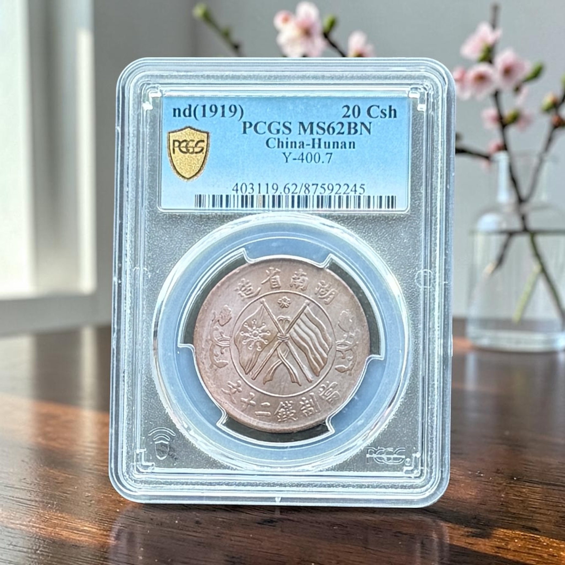 1919年湖南省造當製二十文雙旗 小梅花九條綬帶 (PCGS MS 62 BN) 銅錢
