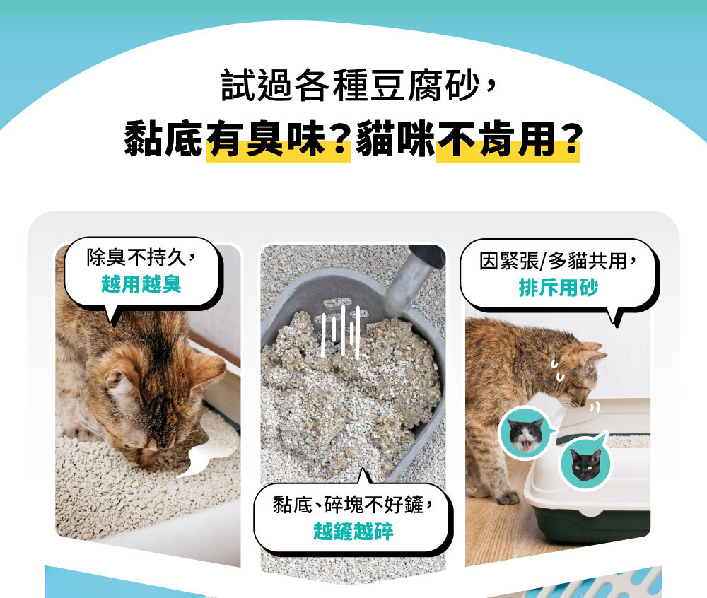 豆腐砂黏底、異味、碎塊及貓咪抗拒使用的痛點示意