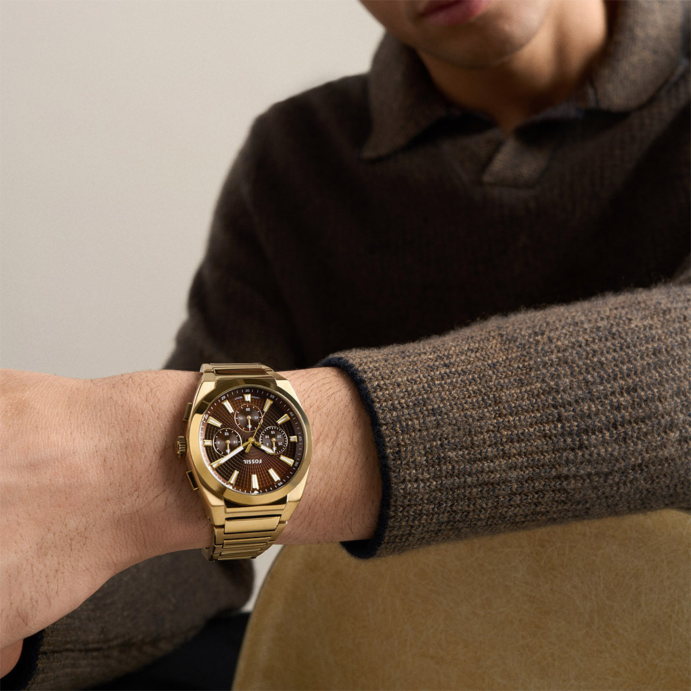 Everett 極簡棕色時尚三眼手錶 金色不鏽鋼錶帶 44 MM FS6184
